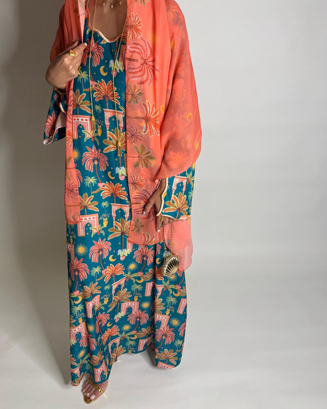 A521 - Blue & Peach Moon & Palm Tree Pattern Jalabiya and Head Scarf