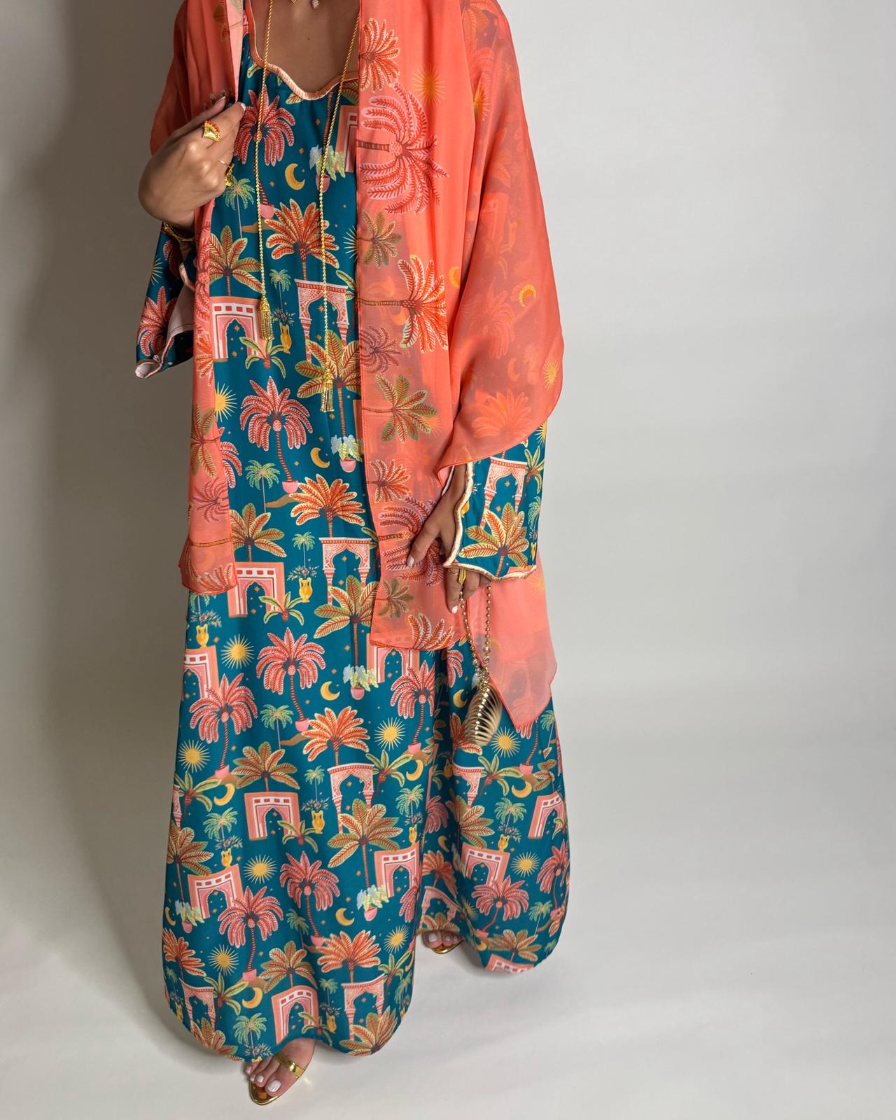A521 - Blue & Peach Moon & Palm Tree Pattern Jalabiya and Head Scarf