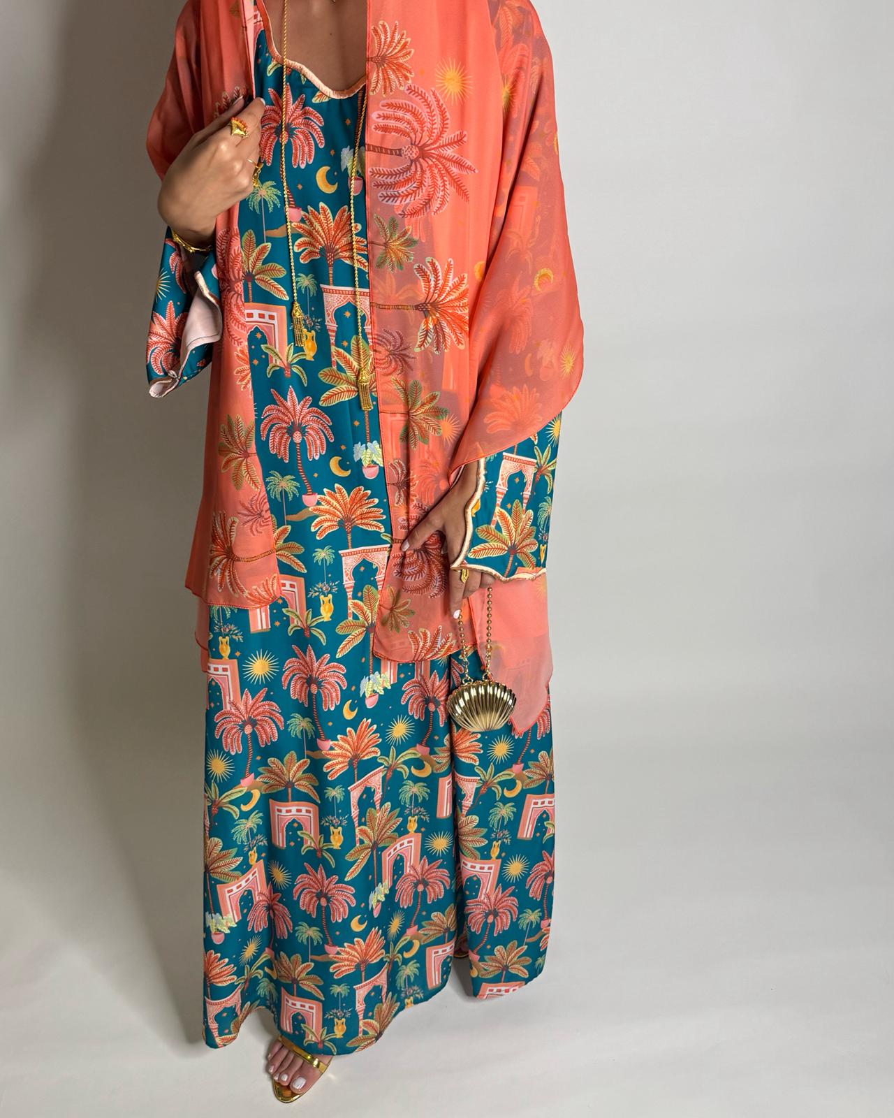 A521 - Blue & Peach Moon & Palm Tree Pattern Jalabiya and Head Scarf