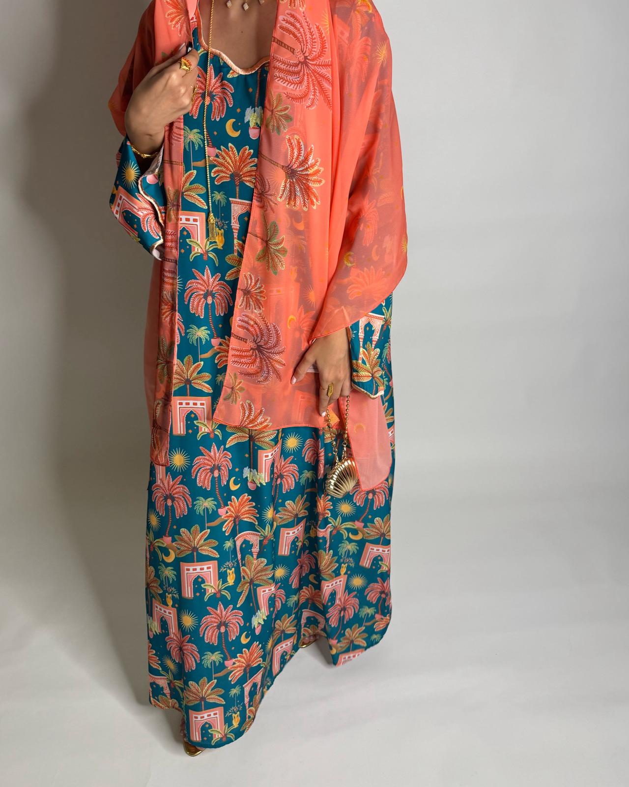 A521 - Blue & Peach Moon & Palm Tree Pattern Jalabiya and Head Scarf