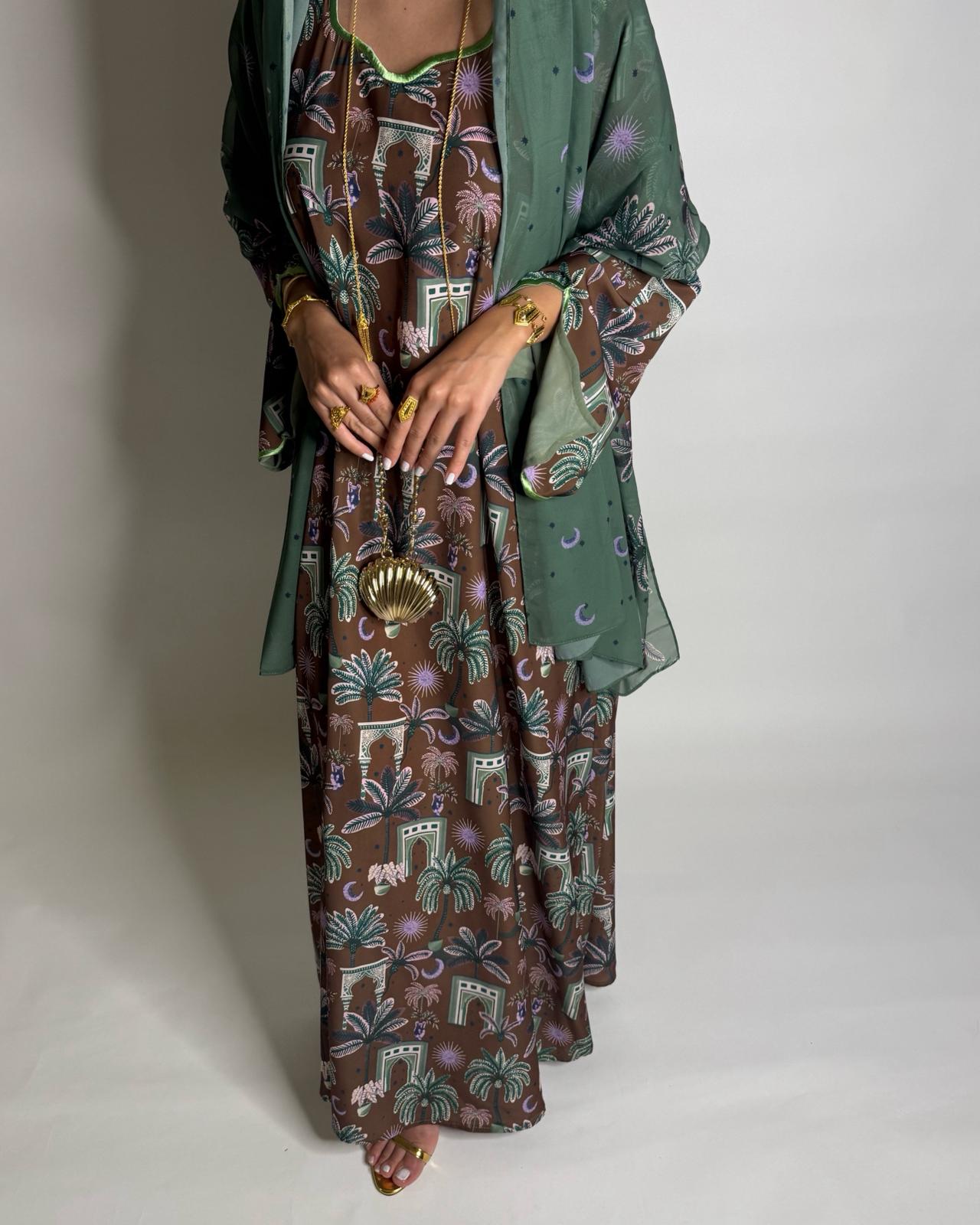 A518 -  Brown & Green Moon & Palm Tree Pattern Jalabiya and Head Scarf