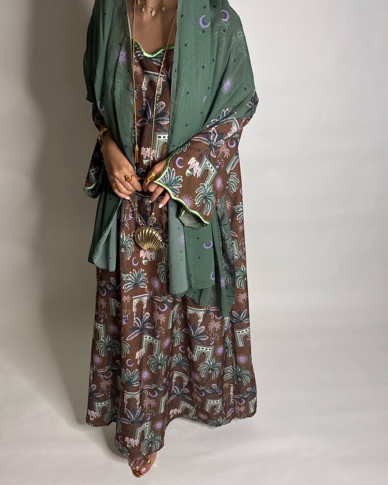 A518 -  Brown & Green Moon & Palm Tree Pattern Jalabiya and Head Scarf