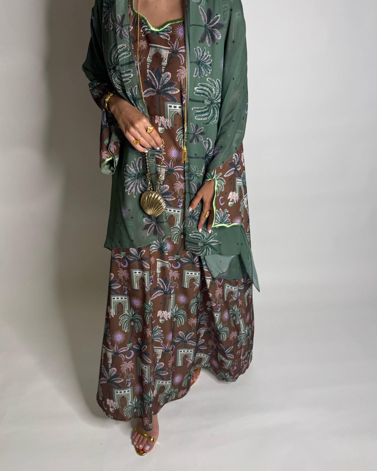 A518 -  Brown & Green Moon & Palm Tree Pattern Jalabiya and Head Scarf