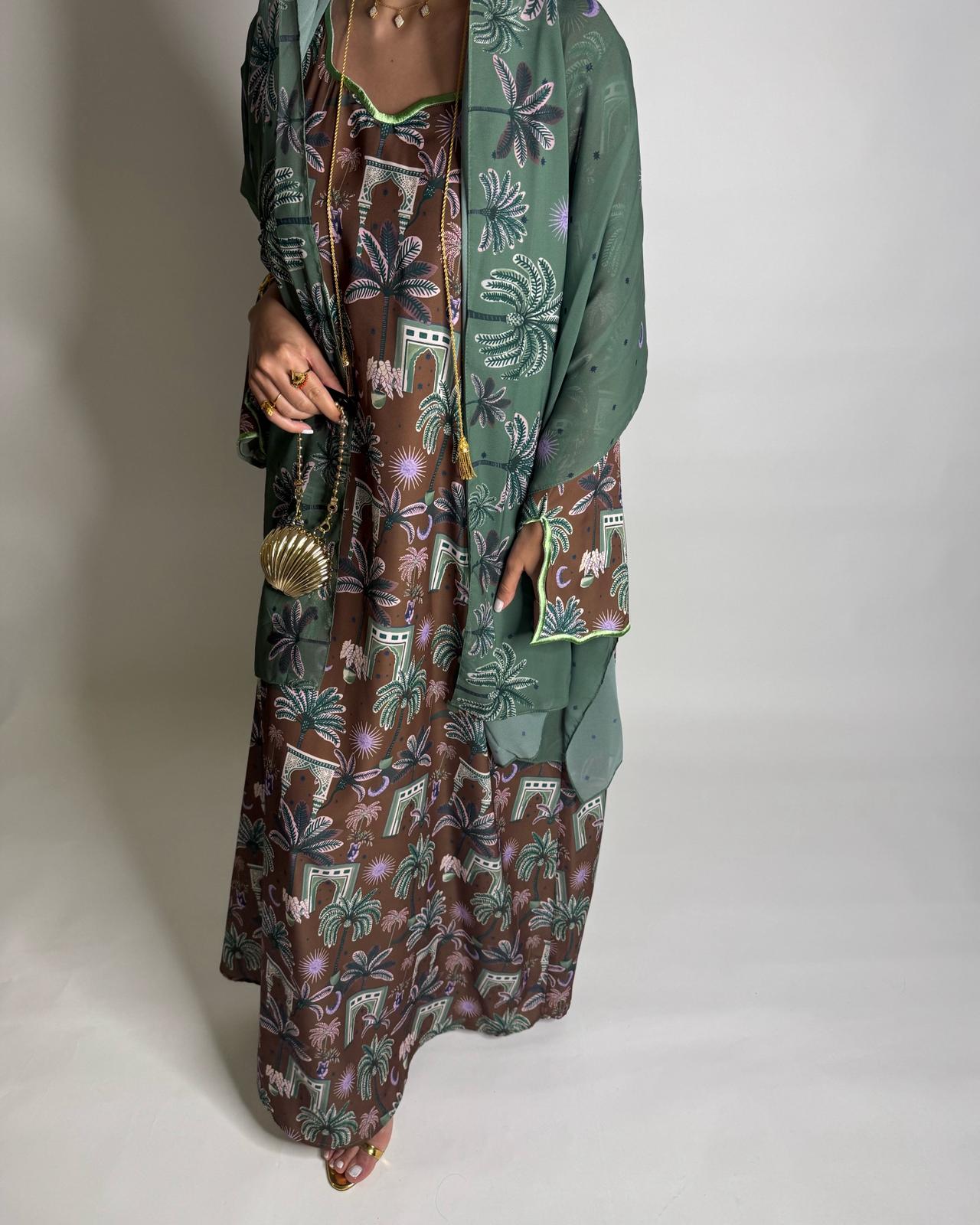 A518 -  Brown & Green Moon & Palm Tree Pattern Jalabiya and Head Scarf