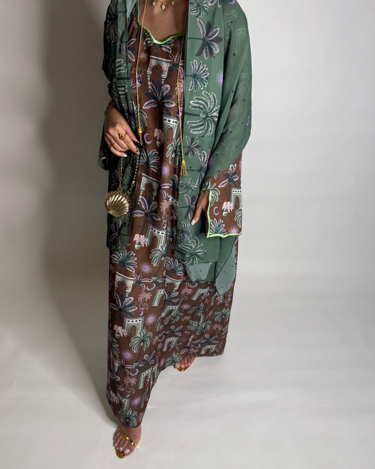 A518 -  Brown & Green Moon & Palm Tree Pattern Jalabiya and Head Scarf