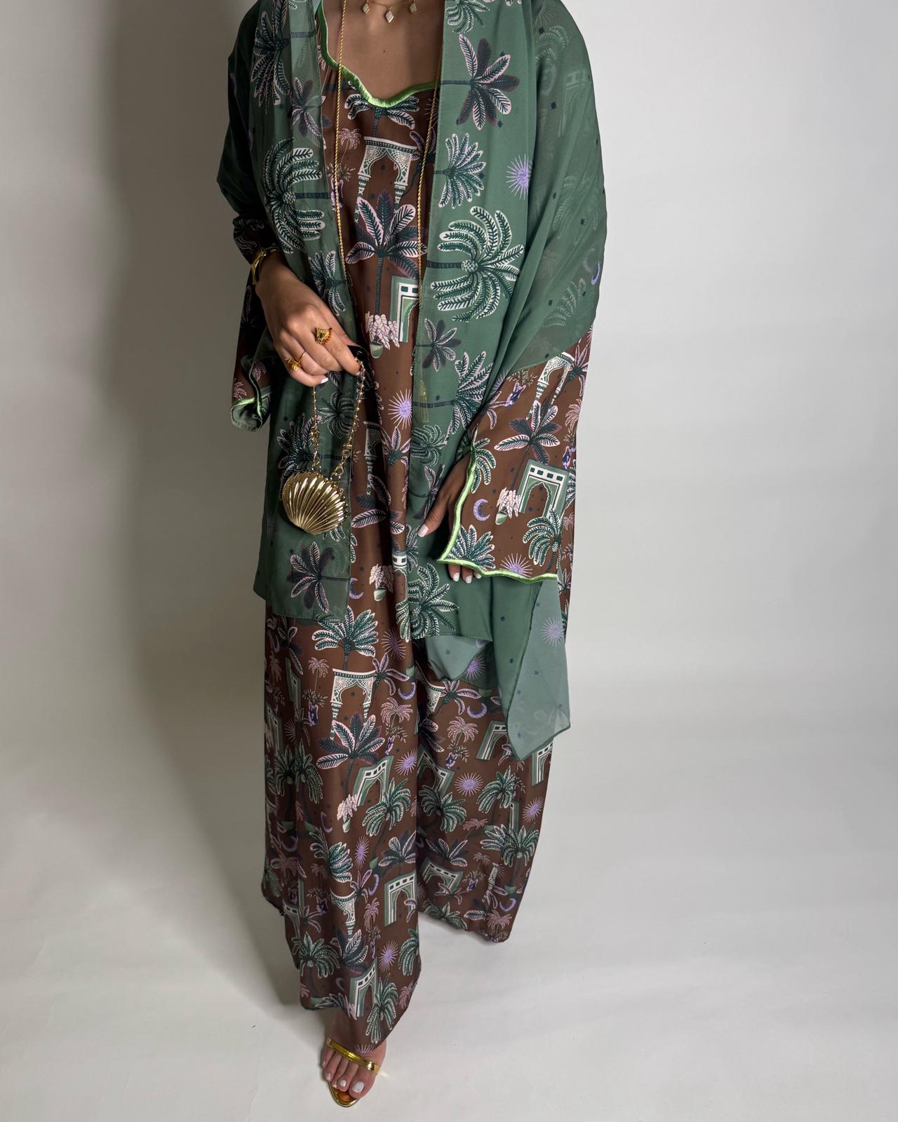 A518 -  Brown & Green Moon & Palm Tree Pattern Jalabiya and Head Scarf