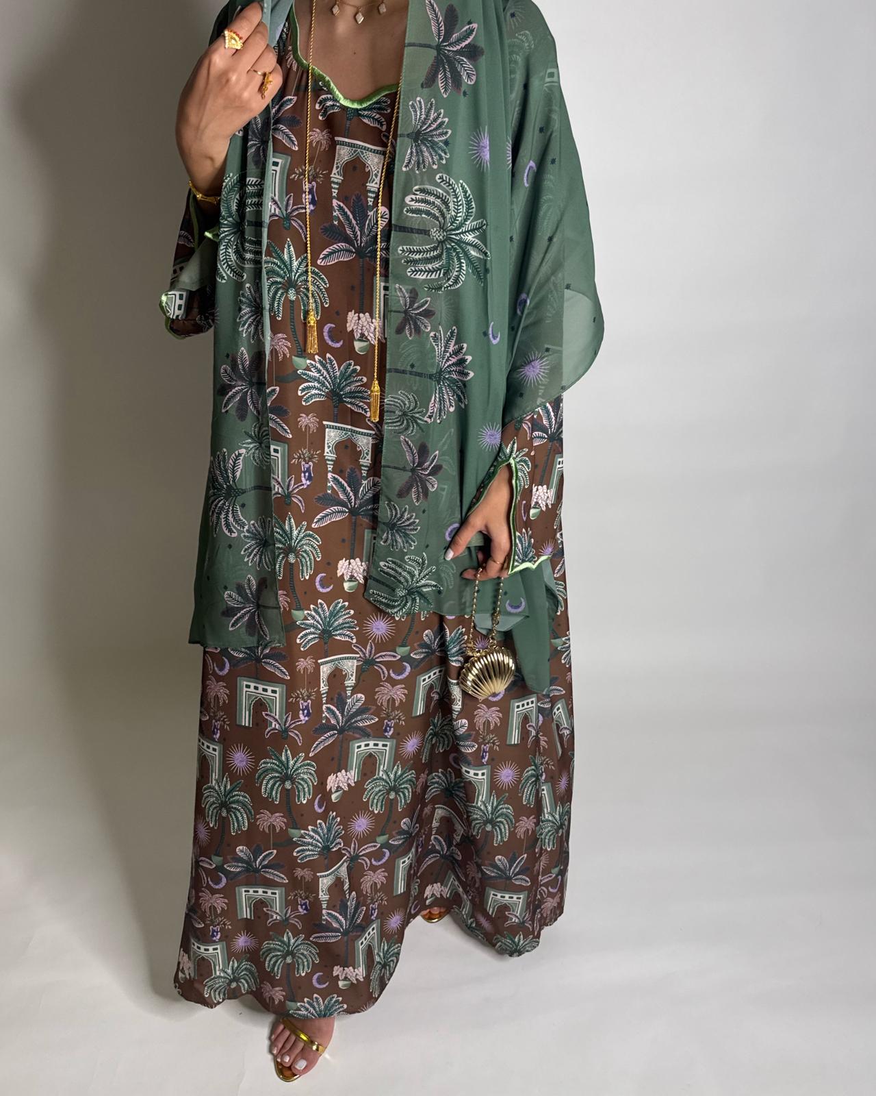 A518 -  Brown & Green Moon & Palm Tree Pattern Jalabiya and Head Scarf