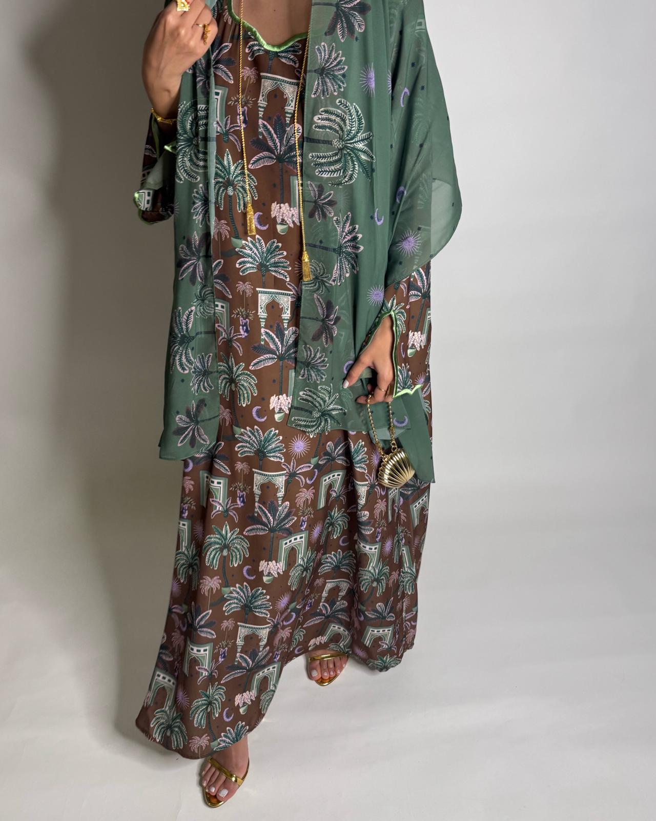 A518 -  Brown & Green Moon & Palm Tree Pattern Jalabiya and Head Scarf