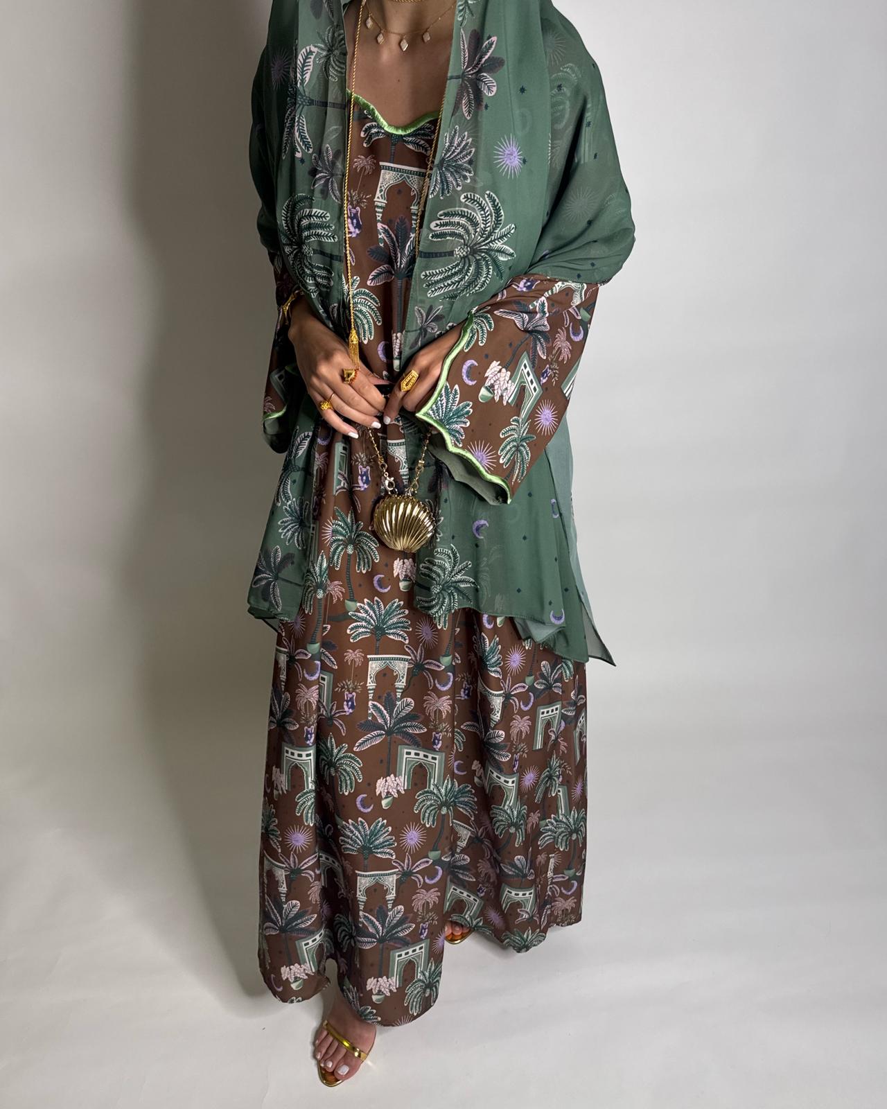 A518 -  Brown & Green Moon & Palm Tree Pattern Jalabiya and Head Scarf