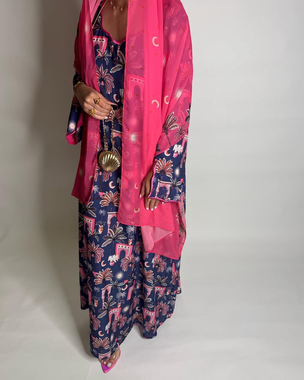 A520 - Navy Blue & Pink Moon & Palm Tree Pattern Jalabiya and Head Scarf