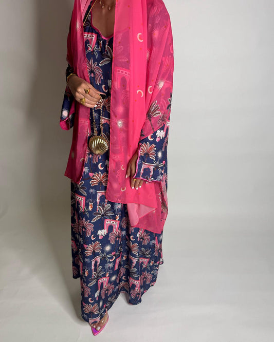 A520 - Navy Blue & Pink Moon & Palm Tree Pattern Jalabiya and Head Scarf