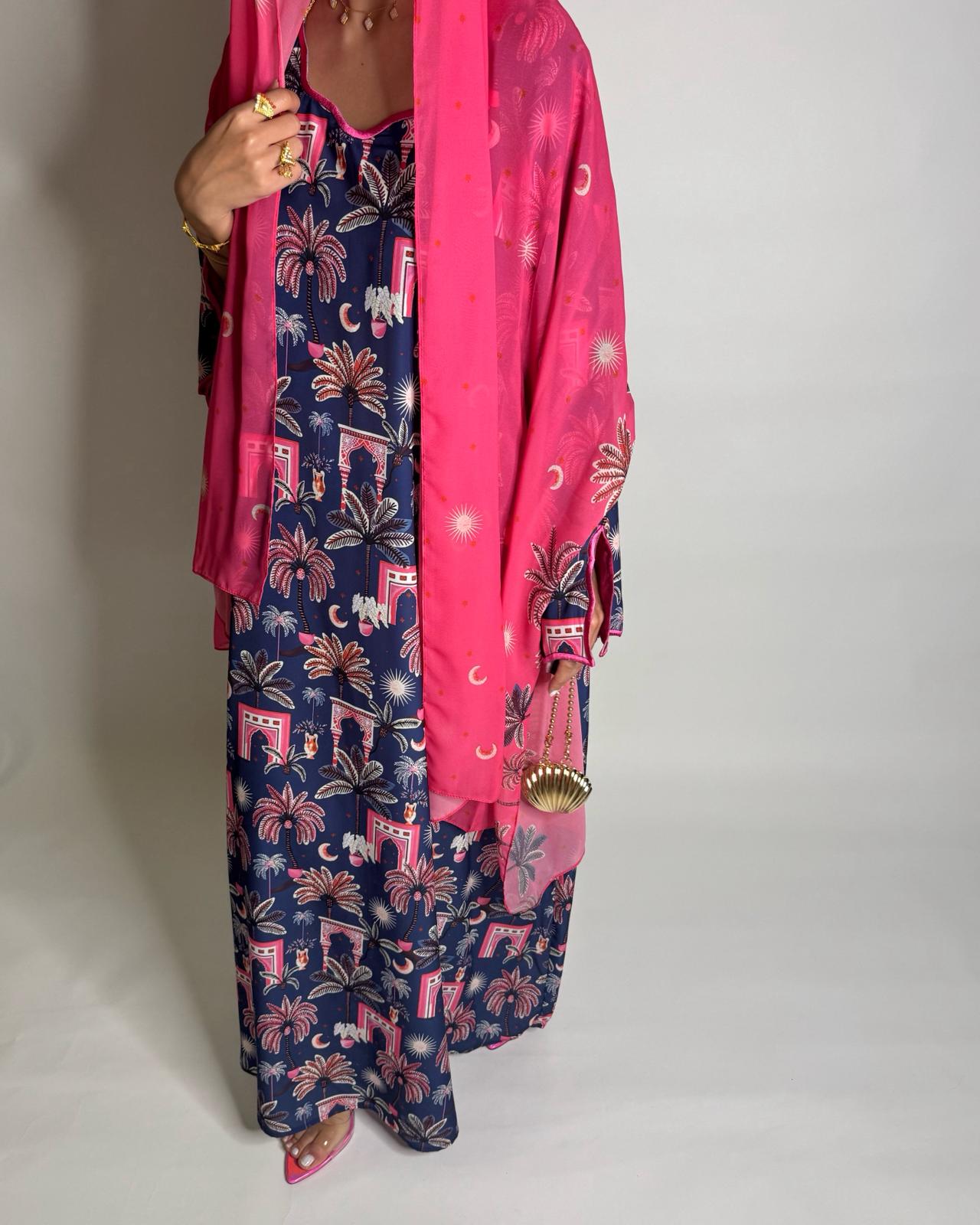 A520 - Navy Blue & Pink Moon & Palm Tree Pattern Jalabiya and Head Scarf