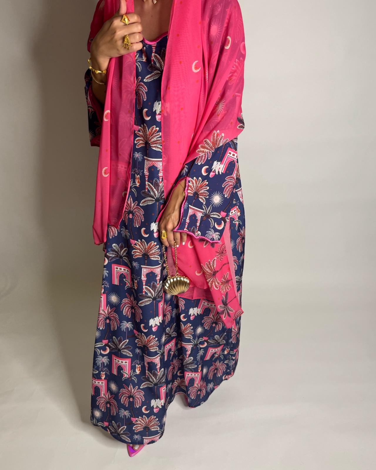 A520 - Navy Blue & Pink Moon & Palm Tree Pattern Jalabiya and Head Scarf