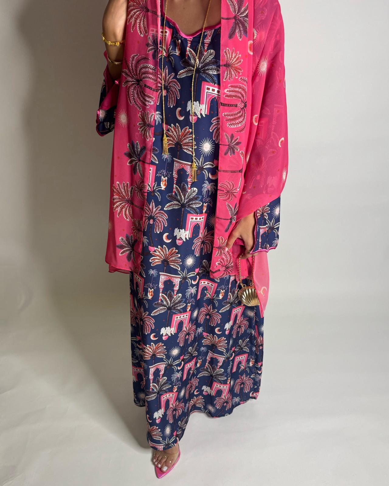 A520 - Navy Blue & Pink Moon & Palm Tree Pattern Jalabiya and Head Scarf