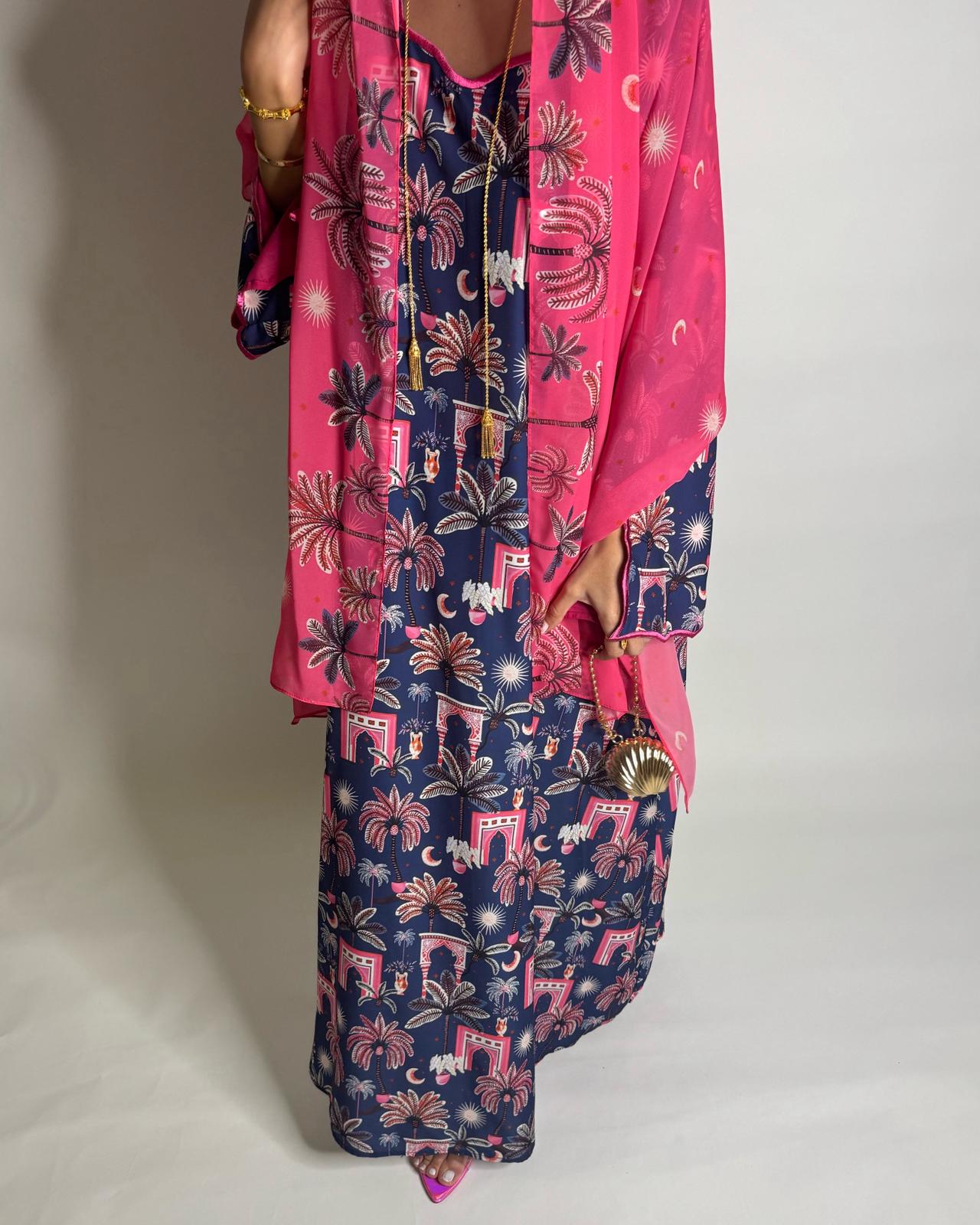 A520 - Navy Blue & Pink Moon & Palm Tree Pattern Jalabiya and Head Scarf