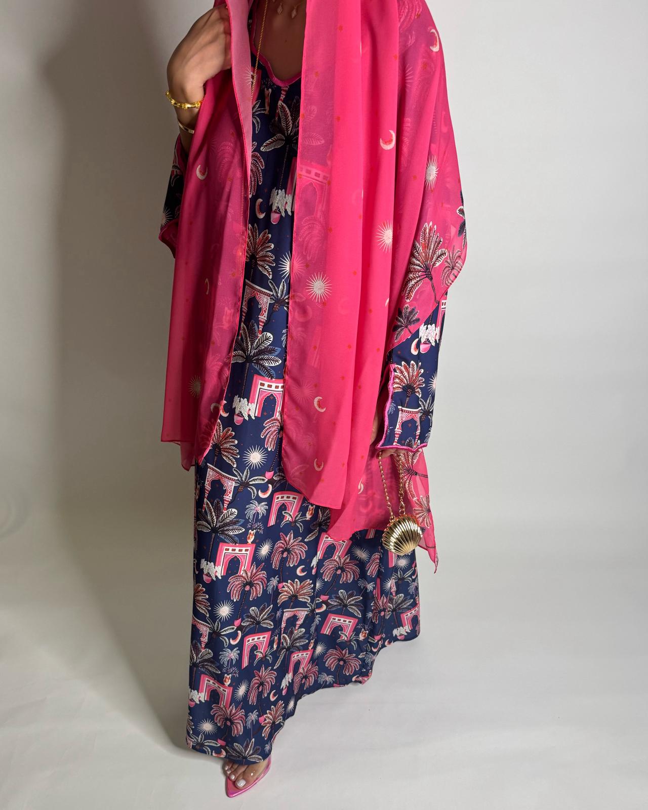 A520 - Navy Blue & Pink Moon & Palm Tree Pattern Jalabiya and Head Scarf