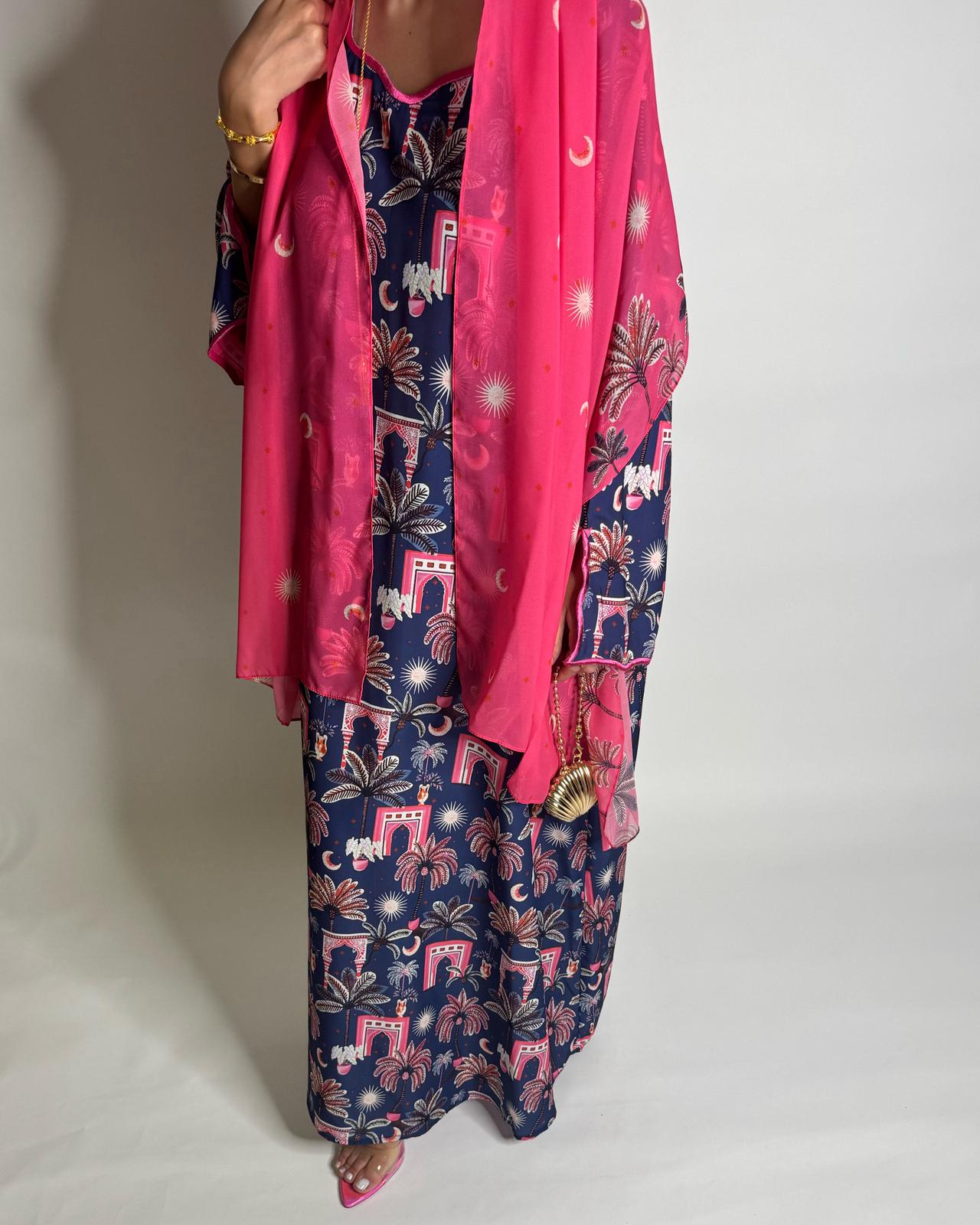 A520 - Navy Blue & Pink Moon & Palm Tree Pattern Jalabiya and Head Scarf
