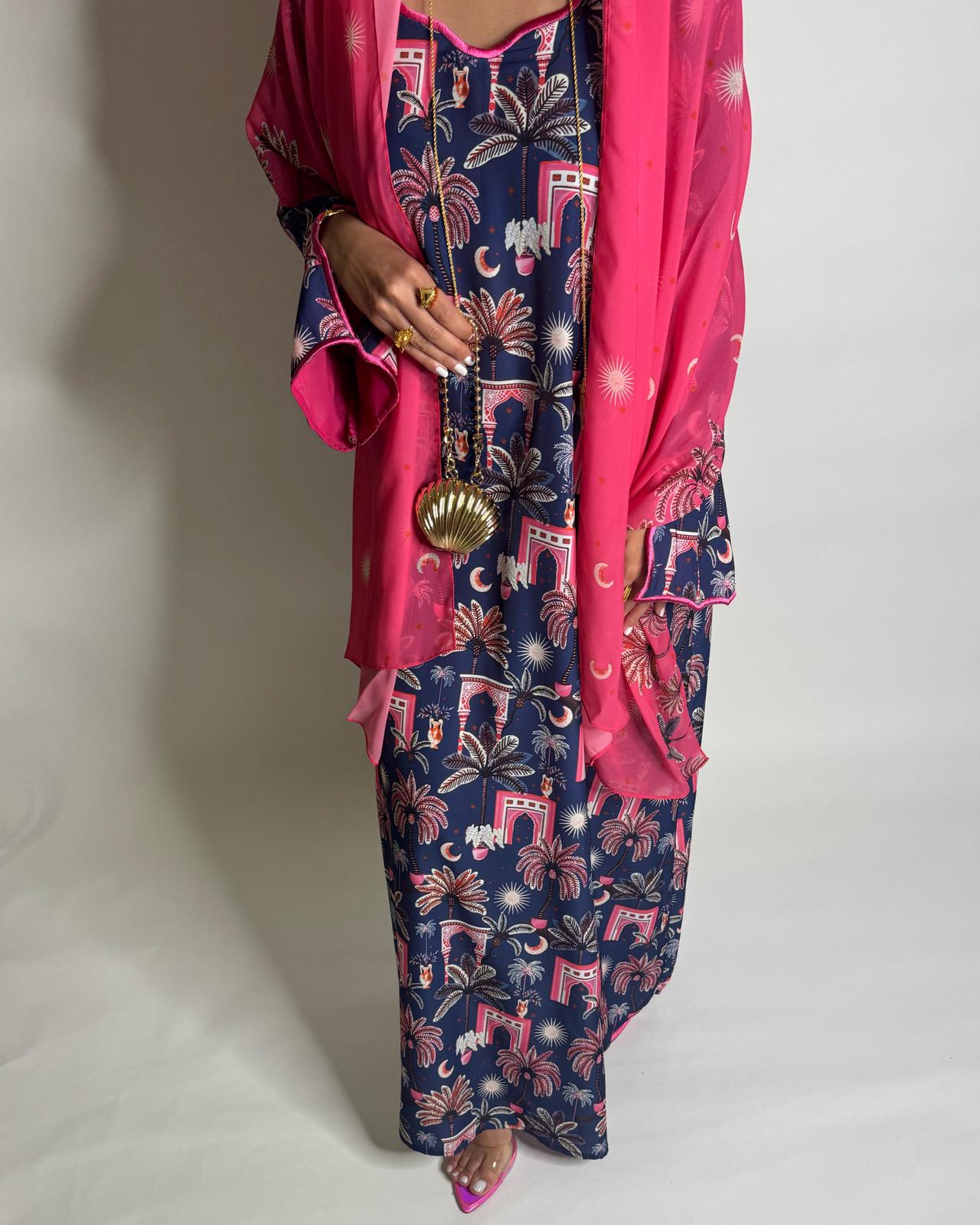 A520 - Navy Blue & Pink Moon & Palm Tree Pattern Jalabiya and Head Scarf