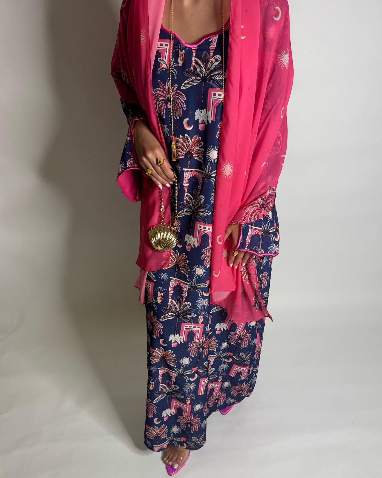 A520 - Navy Blue & Pink Moon & Palm Tree Pattern Jalabiya and Head Scarf