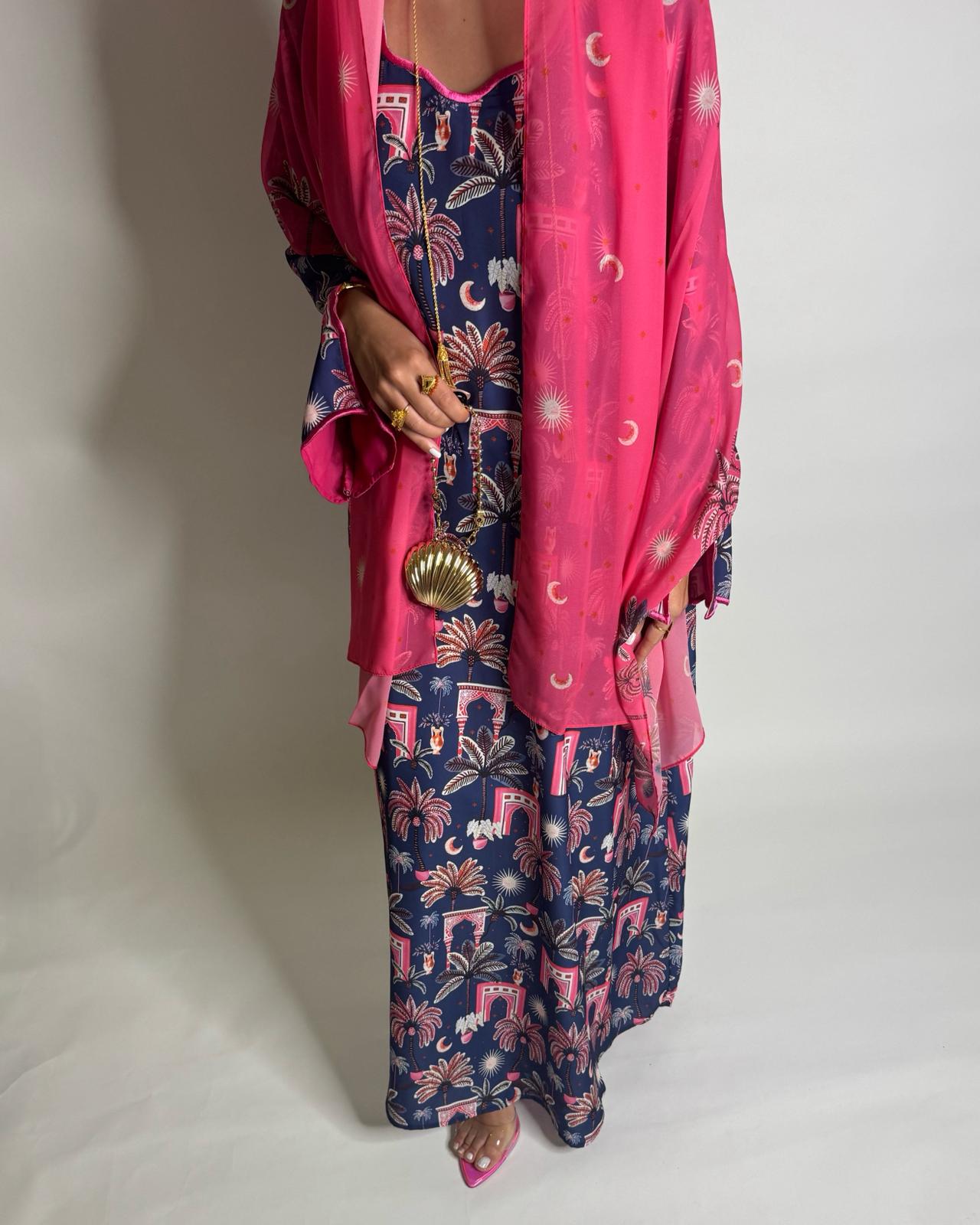 A520 - Navy Blue & Pink Moon & Palm Tree Pattern Jalabiya and Head Scarf