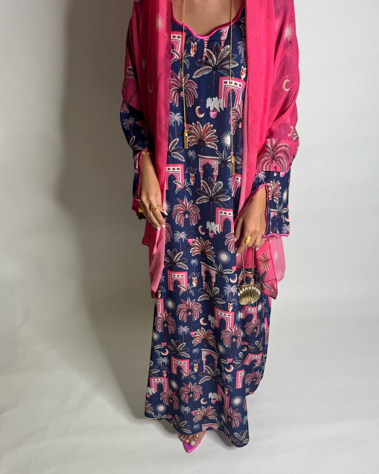 A520 - Navy Blue & Pink Moon & Palm Tree Pattern Jalabiya and Head Scarf