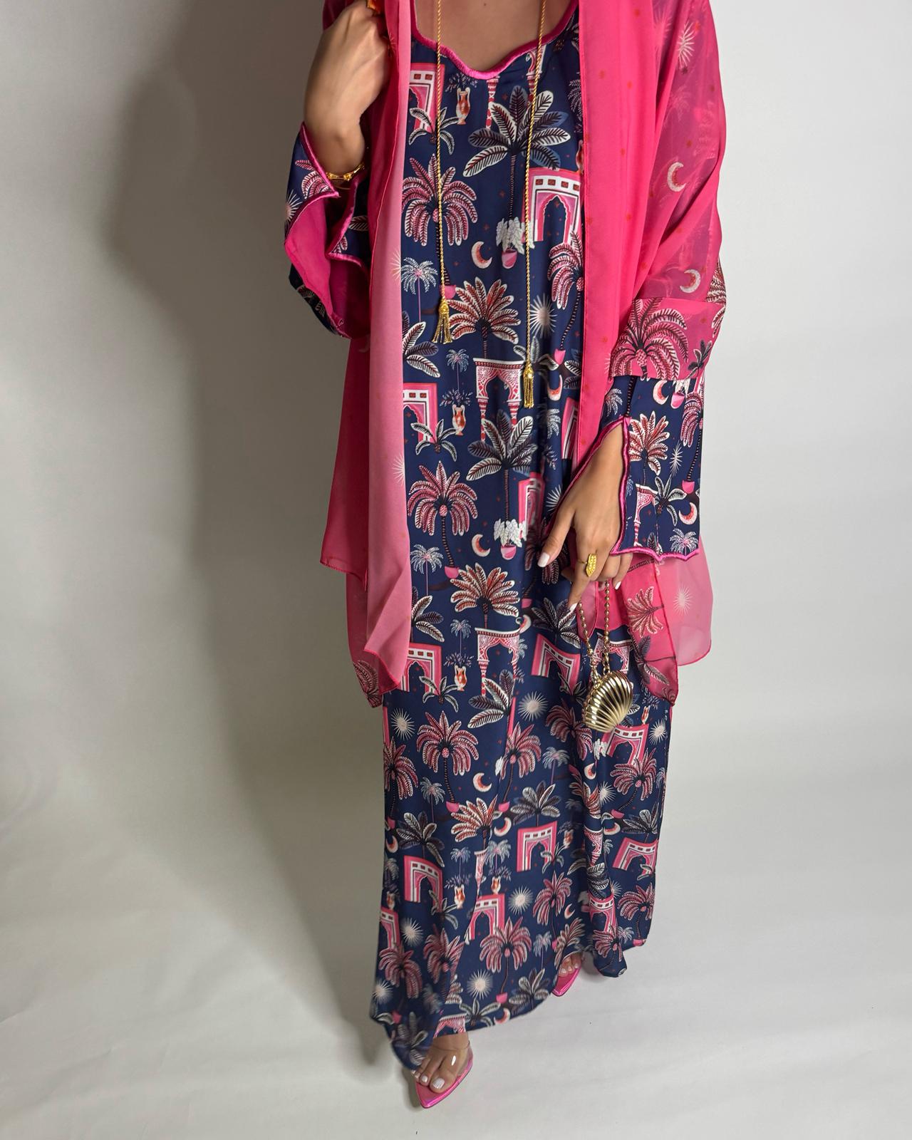 A520 - Navy Blue & Pink Moon & Palm Tree Pattern Jalabiya and Head Scarf