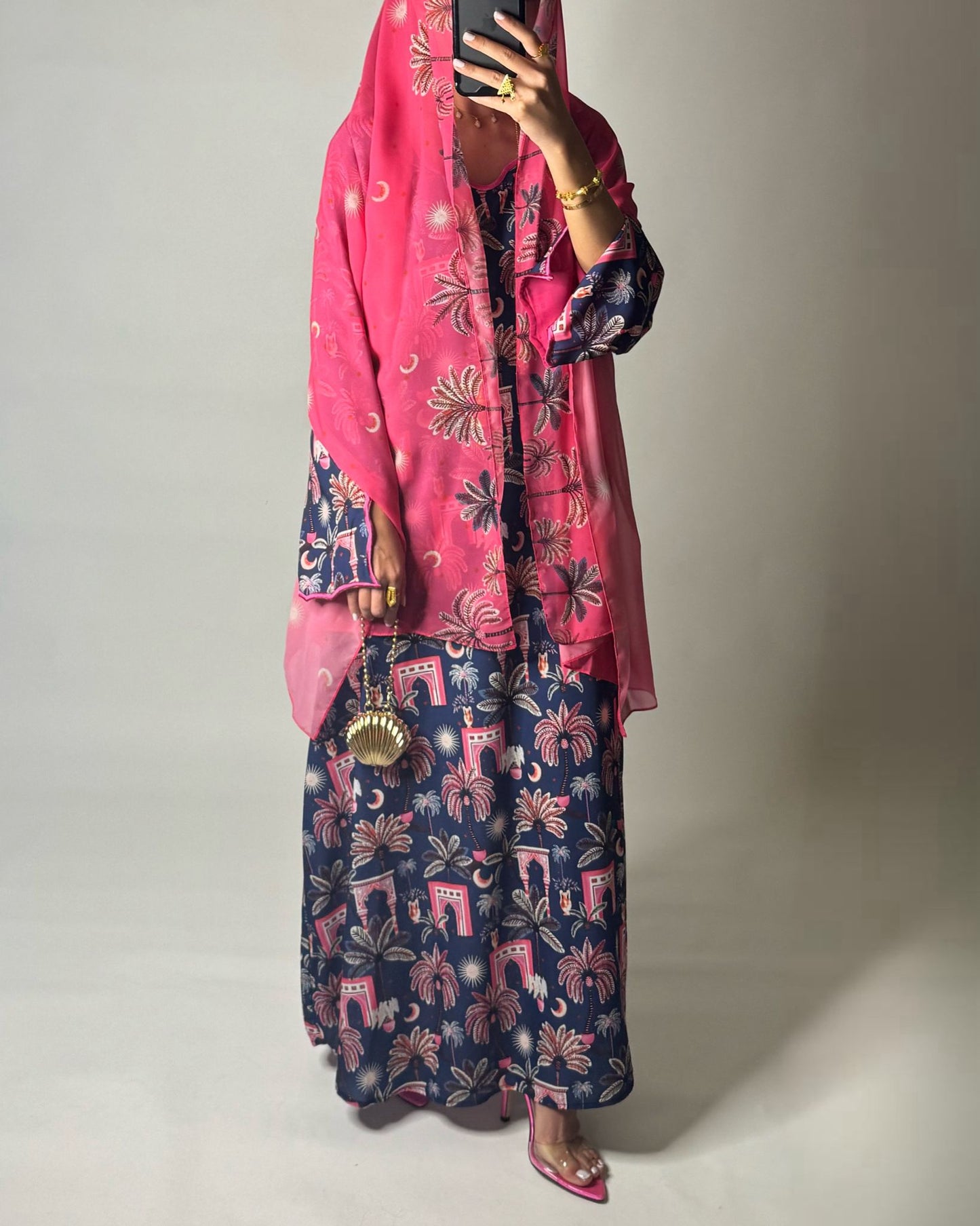 A520 - Navy Blue & Pink Moon & Palm Tree Pattern Jalabiya and Head Scarf