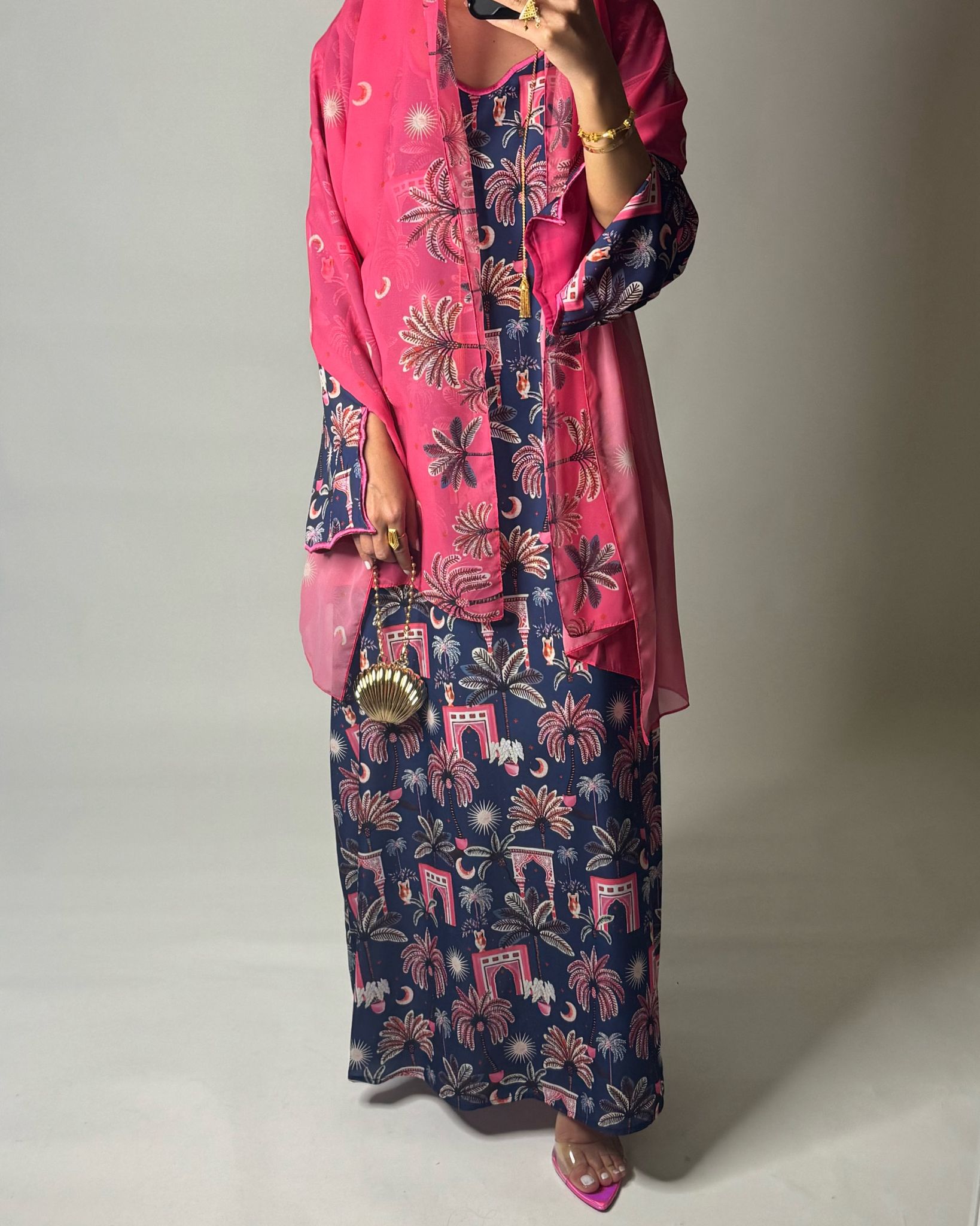 A520 - Navy Blue & Pink Moon & Palm Tree Pattern Jalabiya and Head Scarf