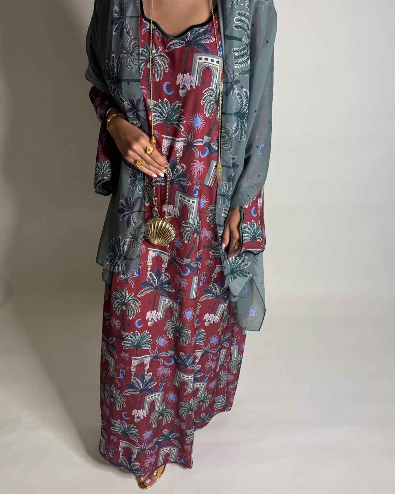 A517 -  Maroon & Green Moon & Palm Tree Pattern Jalabiya and Head Scarf