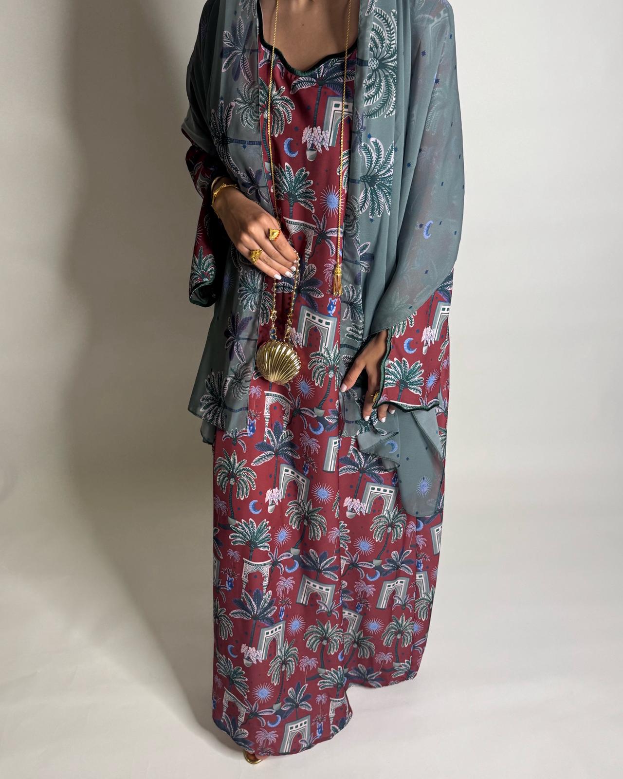 A517 -  Maroon & Green Moon & Palm Tree Pattern Jalabiya and Head Scarf