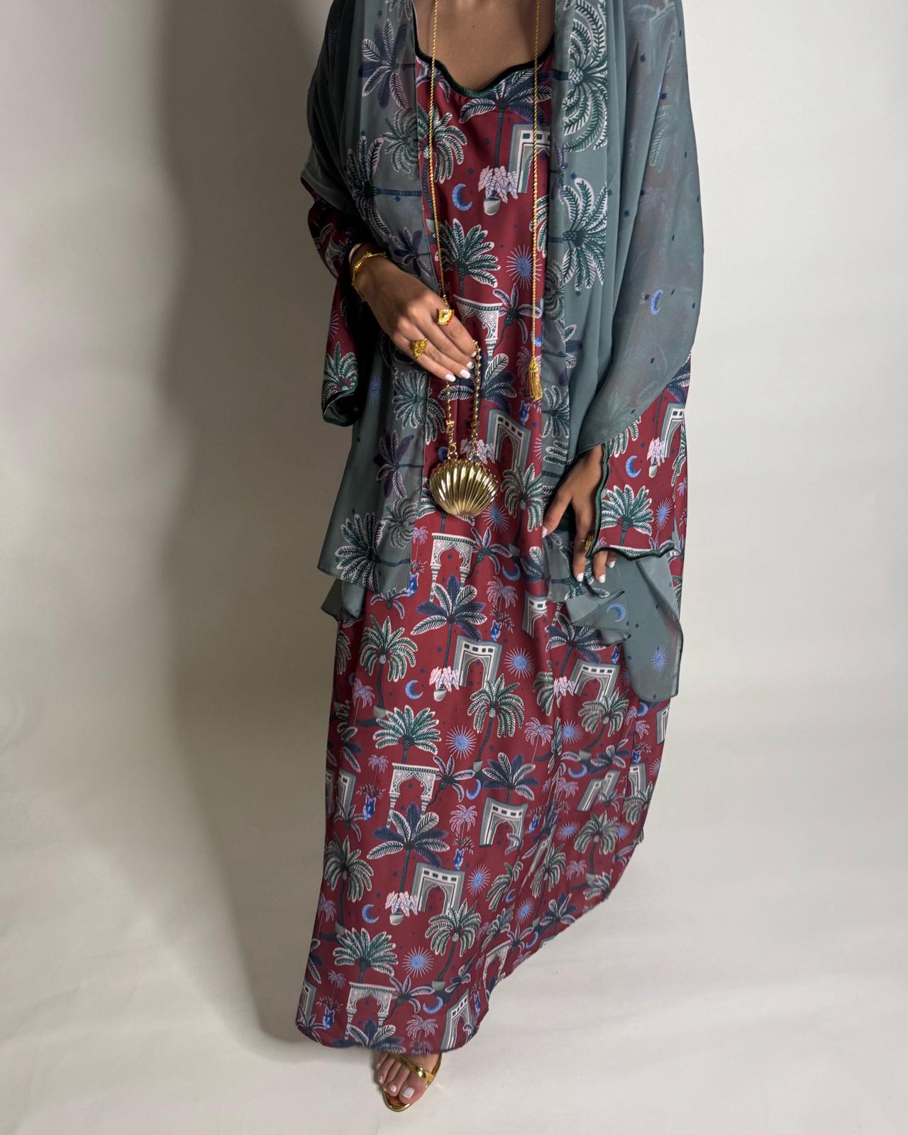 A517 -  Maroon & Green Moon & Palm Tree Pattern Jalabiya and Head Scarf