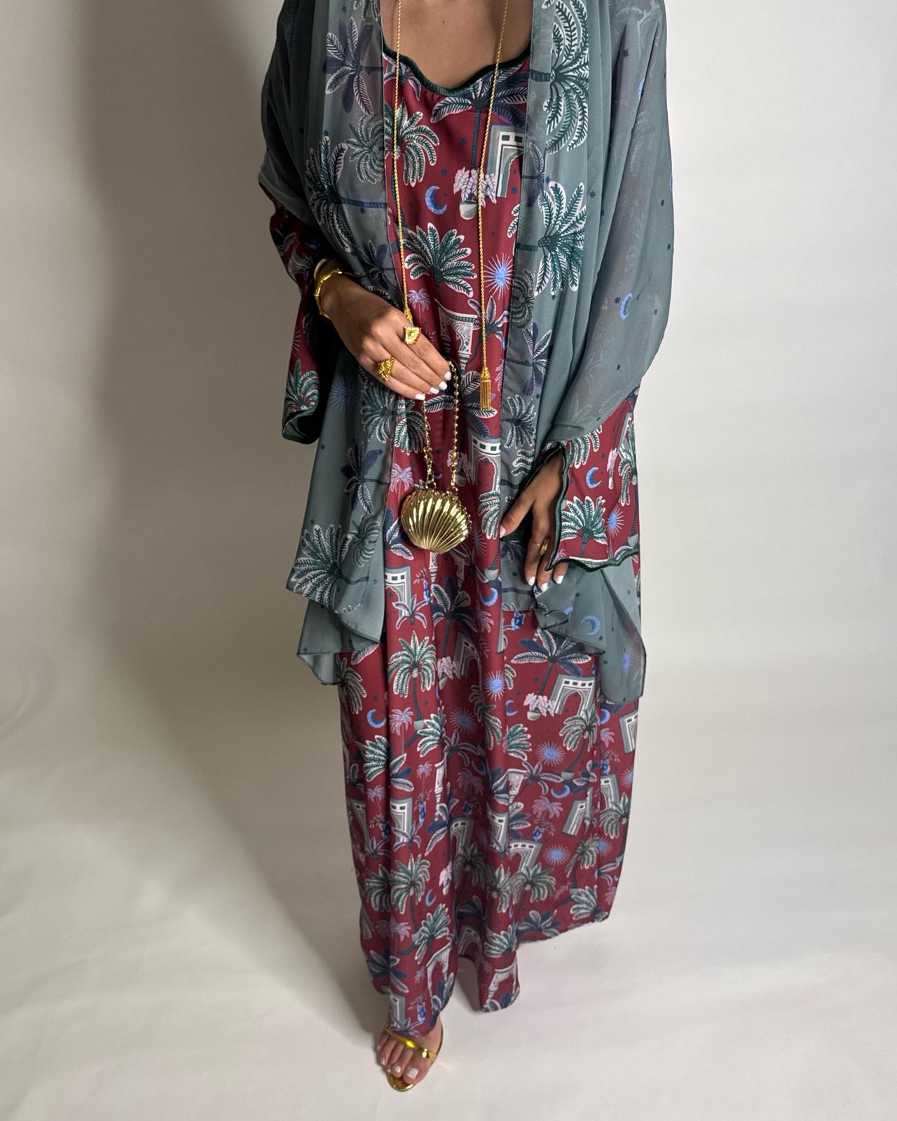 A517 -  Maroon & Green Moon & Palm Tree Pattern Jalabiya and Head Scarf