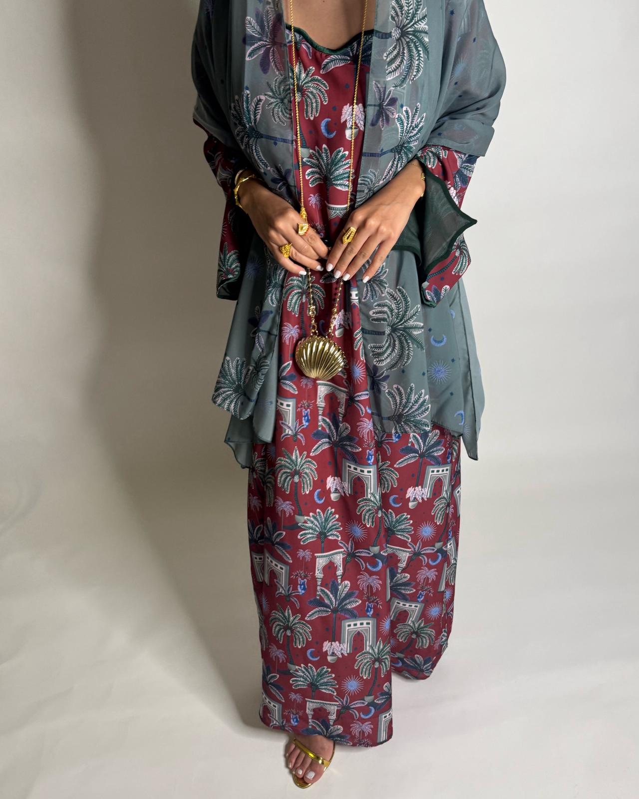 A517 -  Maroon & Green Moon & Palm Tree Pattern Jalabiya and Head Scarf