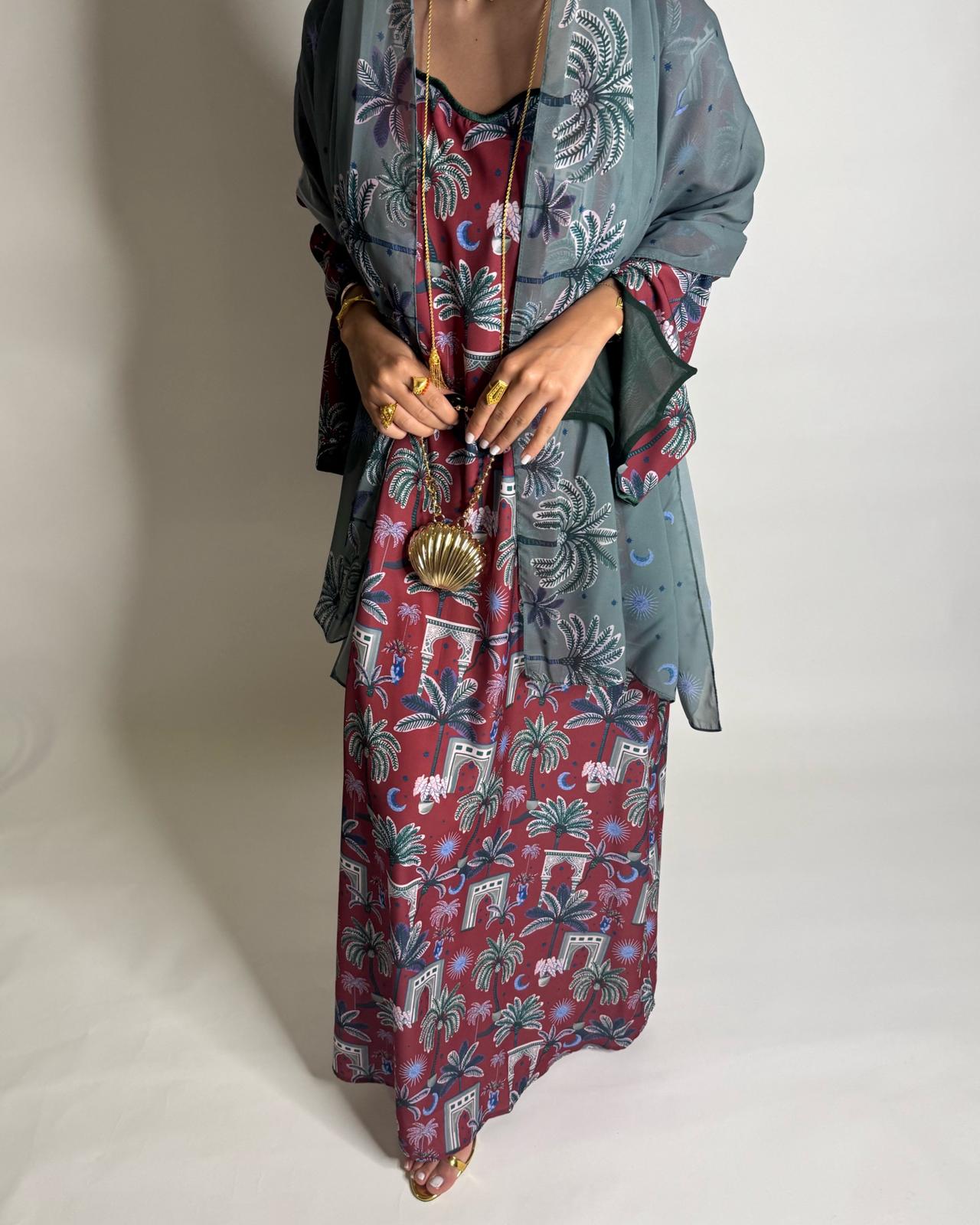 A517 -  Maroon & Green Moon & Palm Tree Pattern Jalabiya and Head Scarf