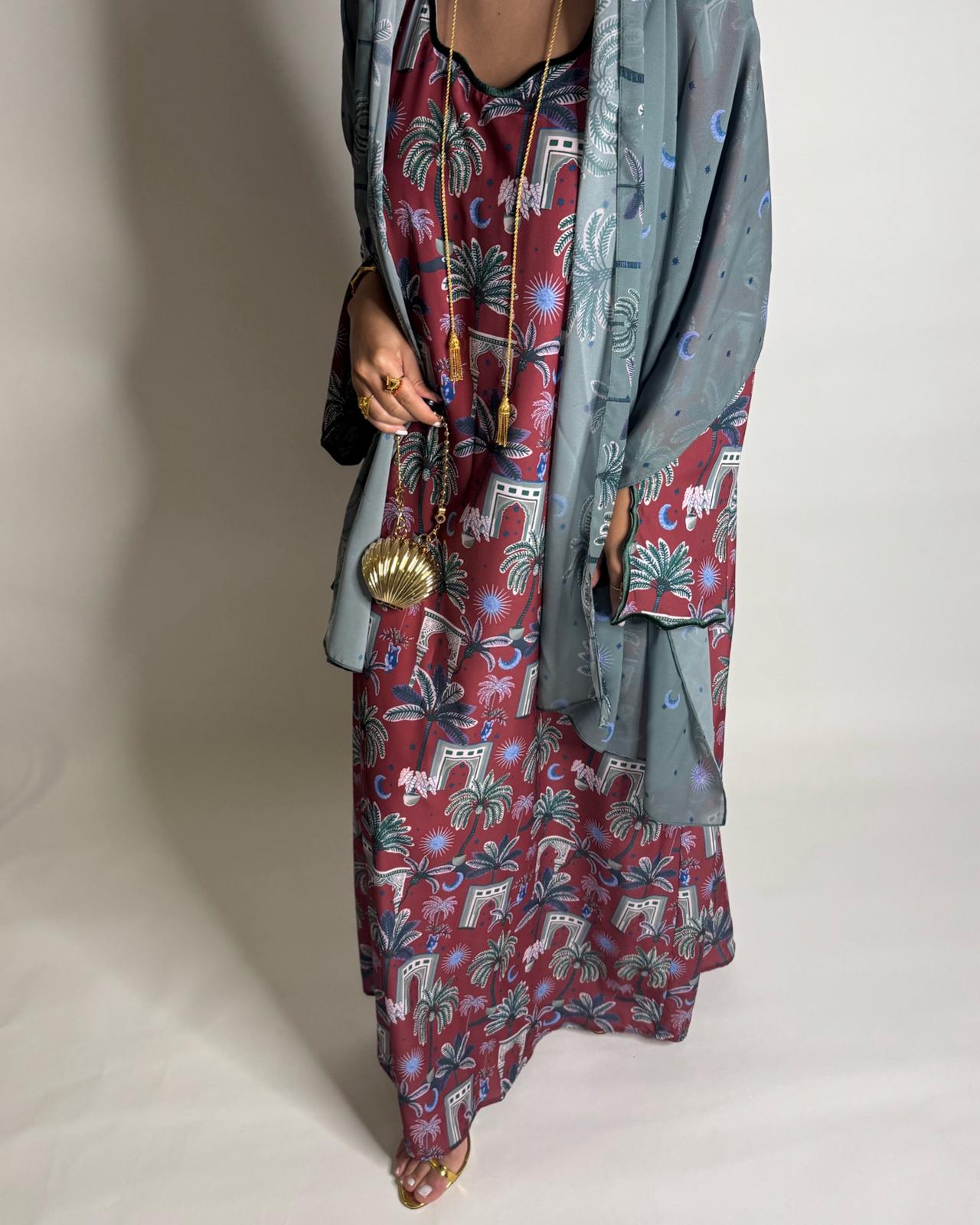 A517 -  Maroon & Green Moon & Palm Tree Pattern Jalabiya and Head Scarf