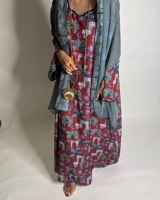 A517 -  Maroon & Green Moon & Palm Tree Pattern Jalabiya and Head Scarf