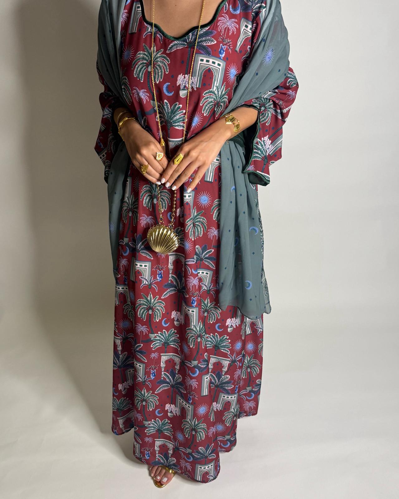 A517 -  Maroon & Green Moon & Palm Tree Pattern Jalabiya and Head Scarf