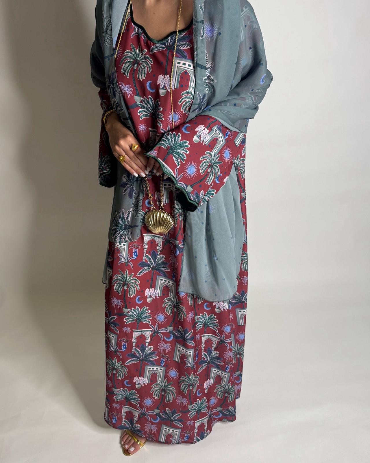 A517 -  Maroon & Green Moon & Palm Tree Pattern Jalabiya and Head Scarf