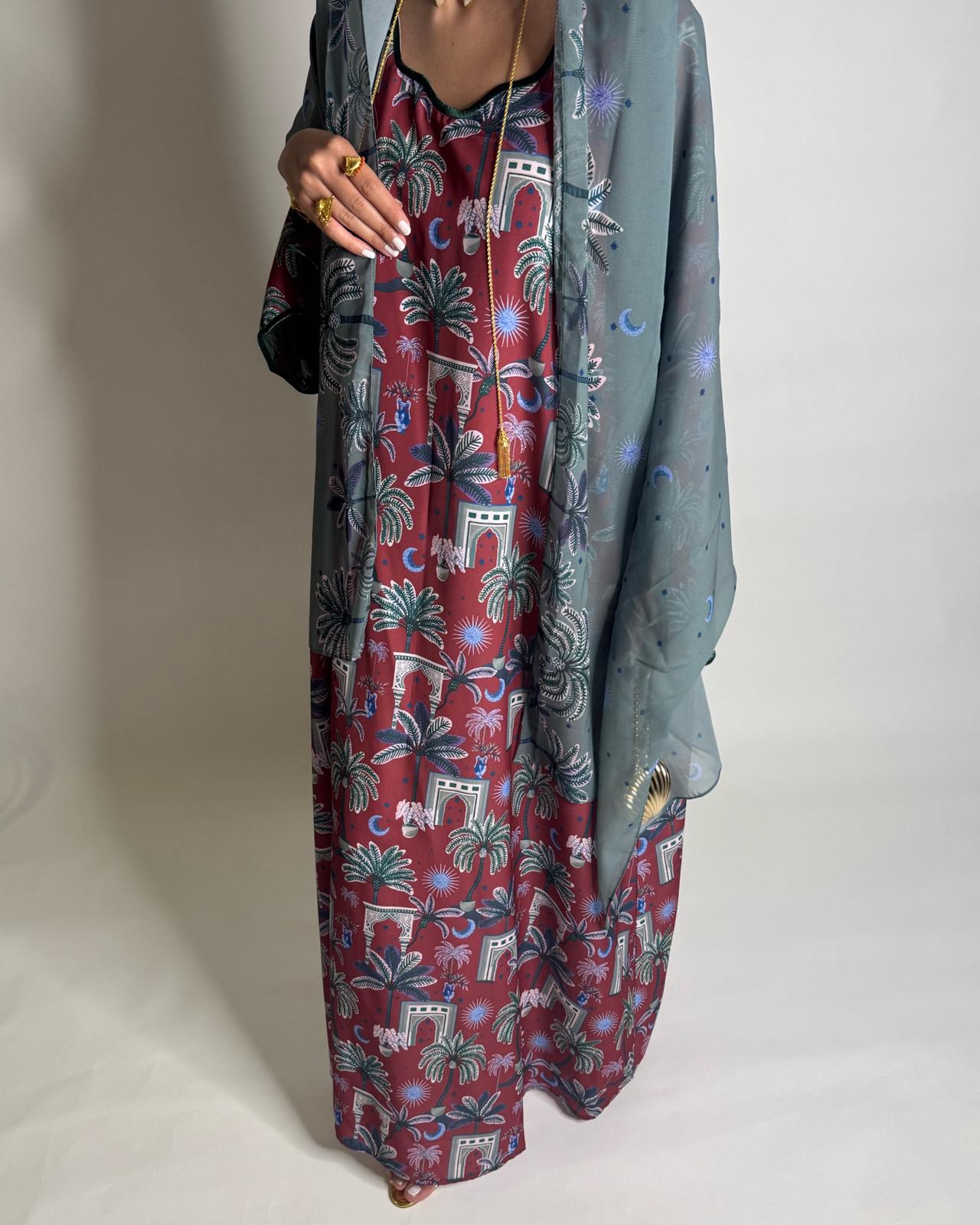 A517 -  Maroon & Green Moon & Palm Tree Pattern Jalabiya and Head Scarf