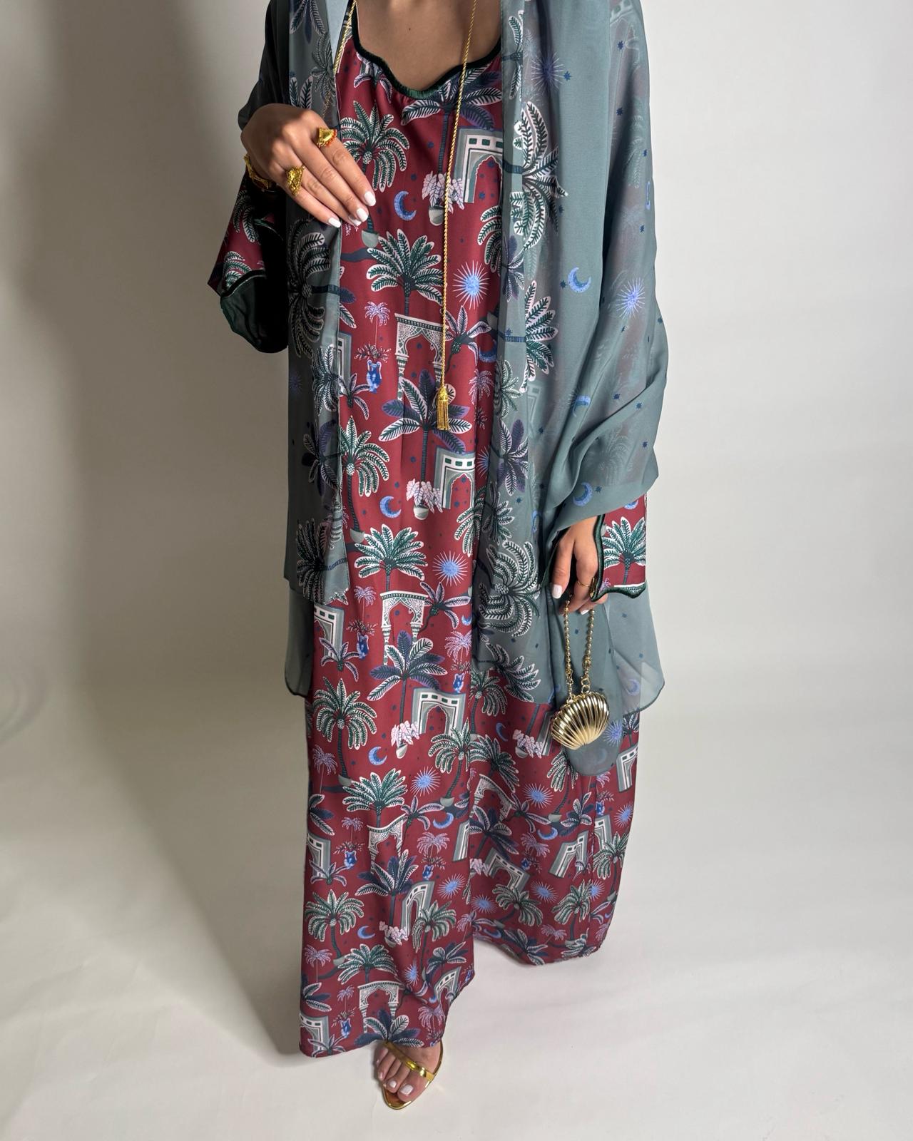 A517 -  Maroon & Green Moon & Palm Tree Pattern Jalabiya and Head Scarf