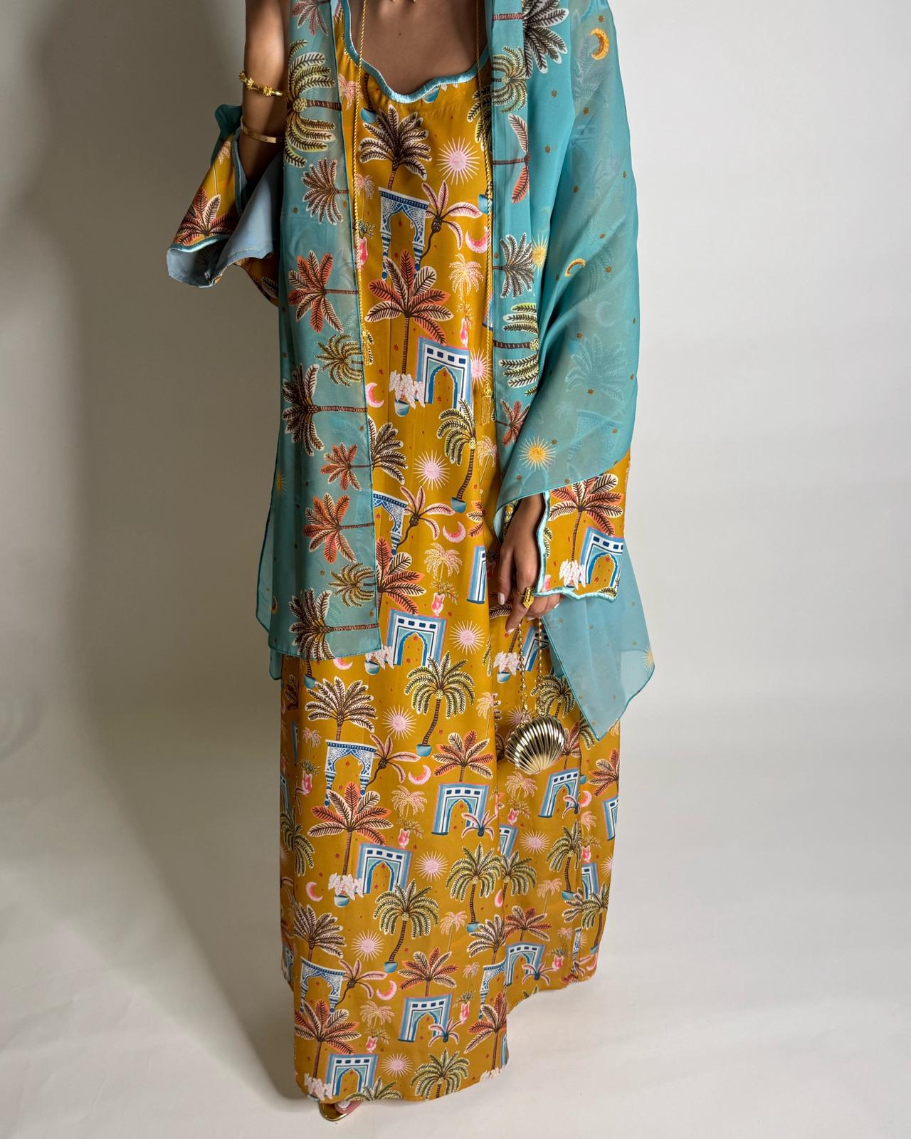 A522 - Yellow & Blue Moon & Palm Tree Pattern Jalabiya and Head Scarf