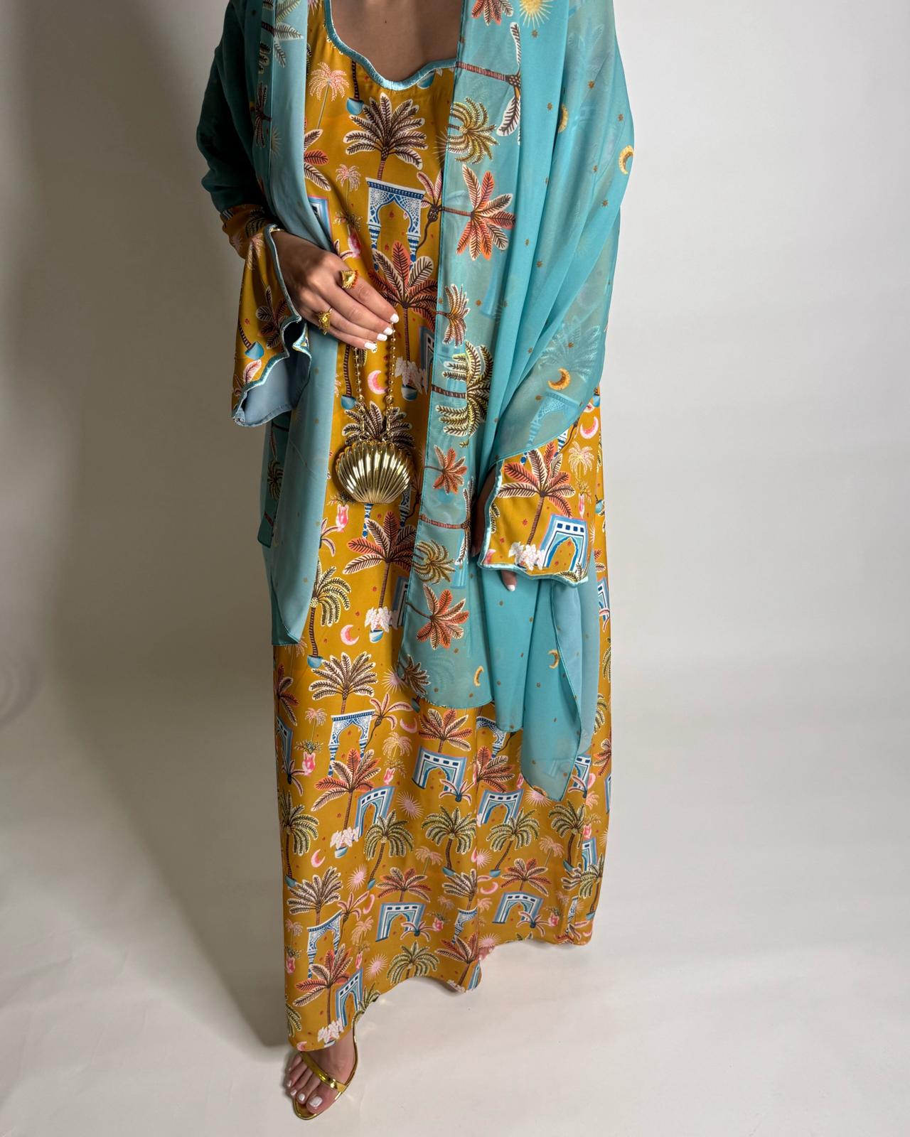 A522 - Yellow & Blue Moon & Palm Tree Pattern Jalabiya and Head Scarf