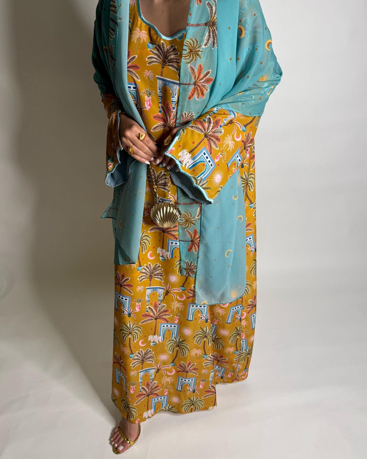A522 - Yellow & Blue Moon & Palm Tree Pattern Jalabiya and Head Scarf