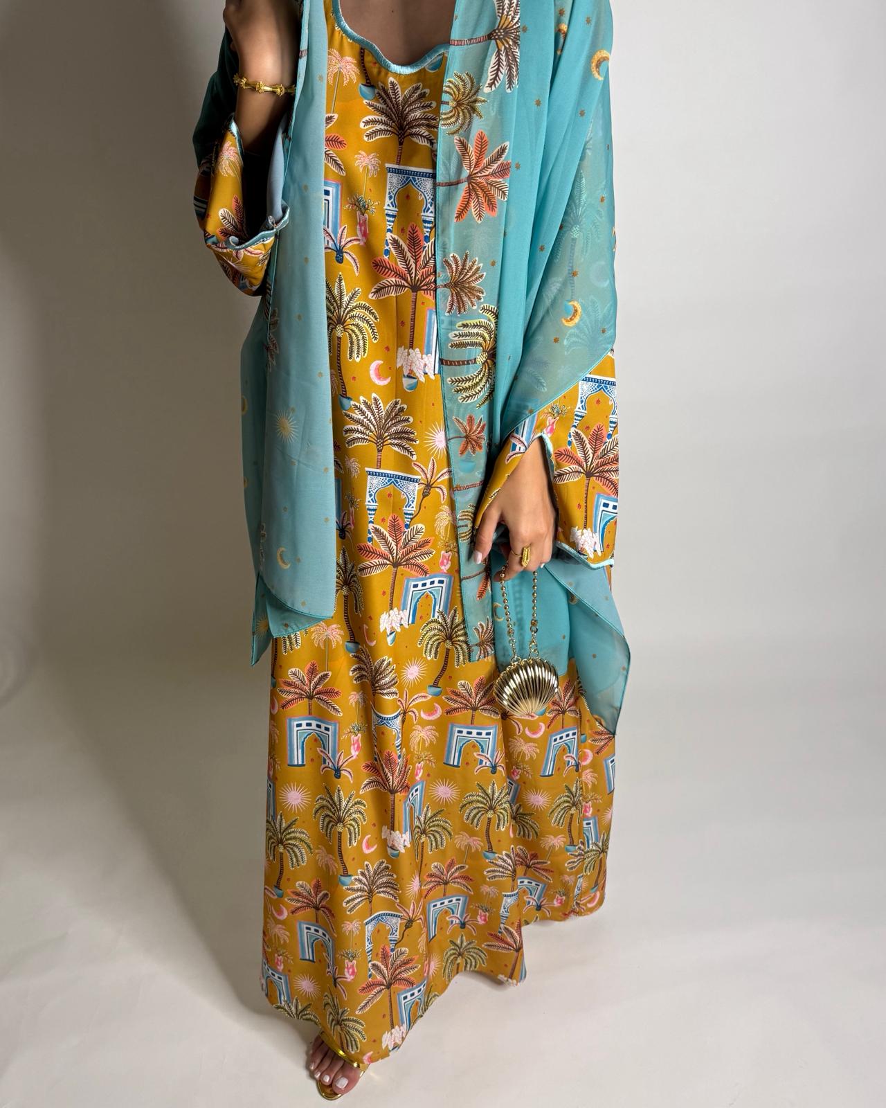 A522 - Yellow & Blue Moon & Palm Tree Pattern Jalabiya and Head Scarf