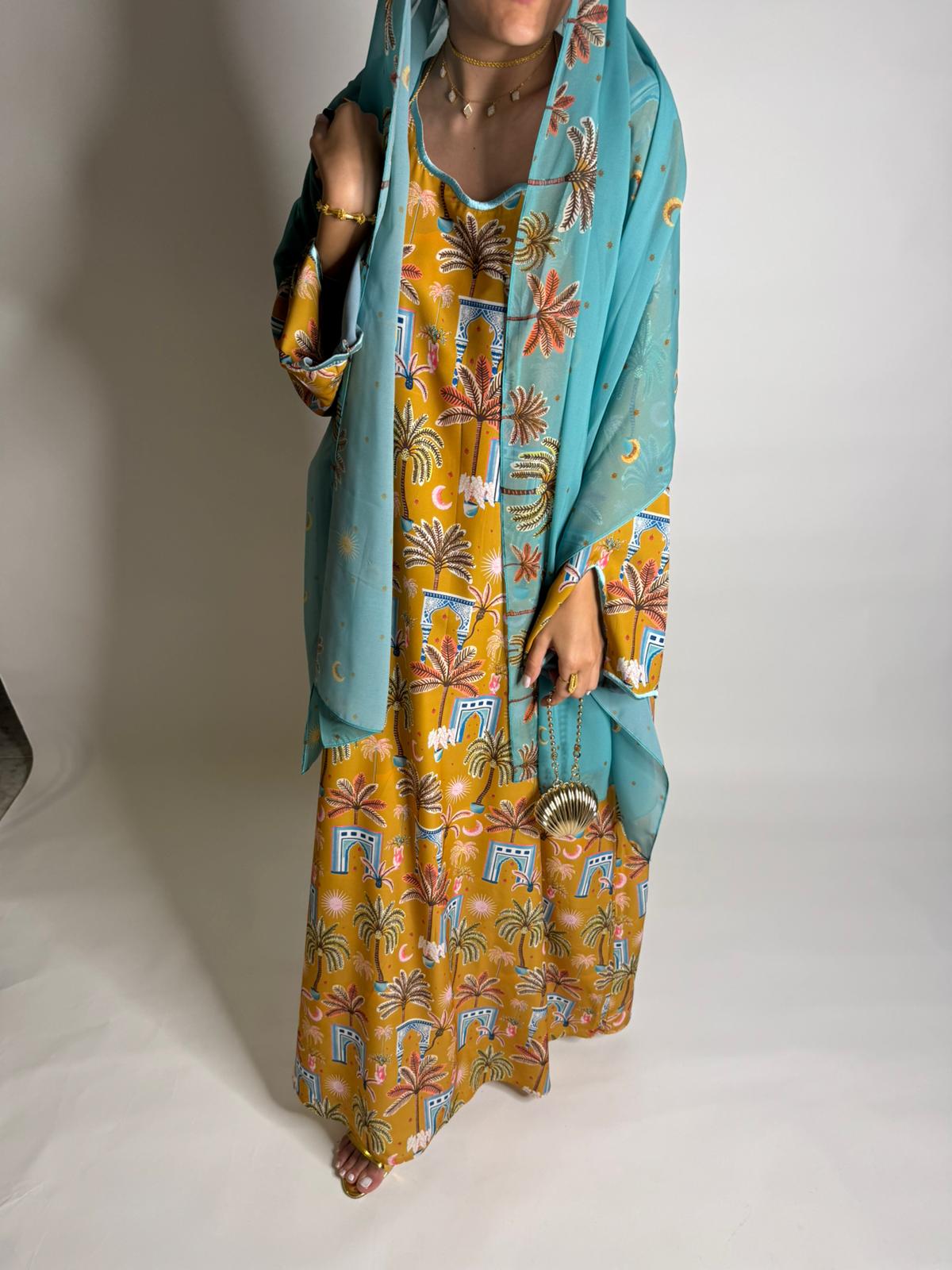 A522 - Yellow & Blue Moon & Palm Tree Pattern Jalabiya and Head Scarf