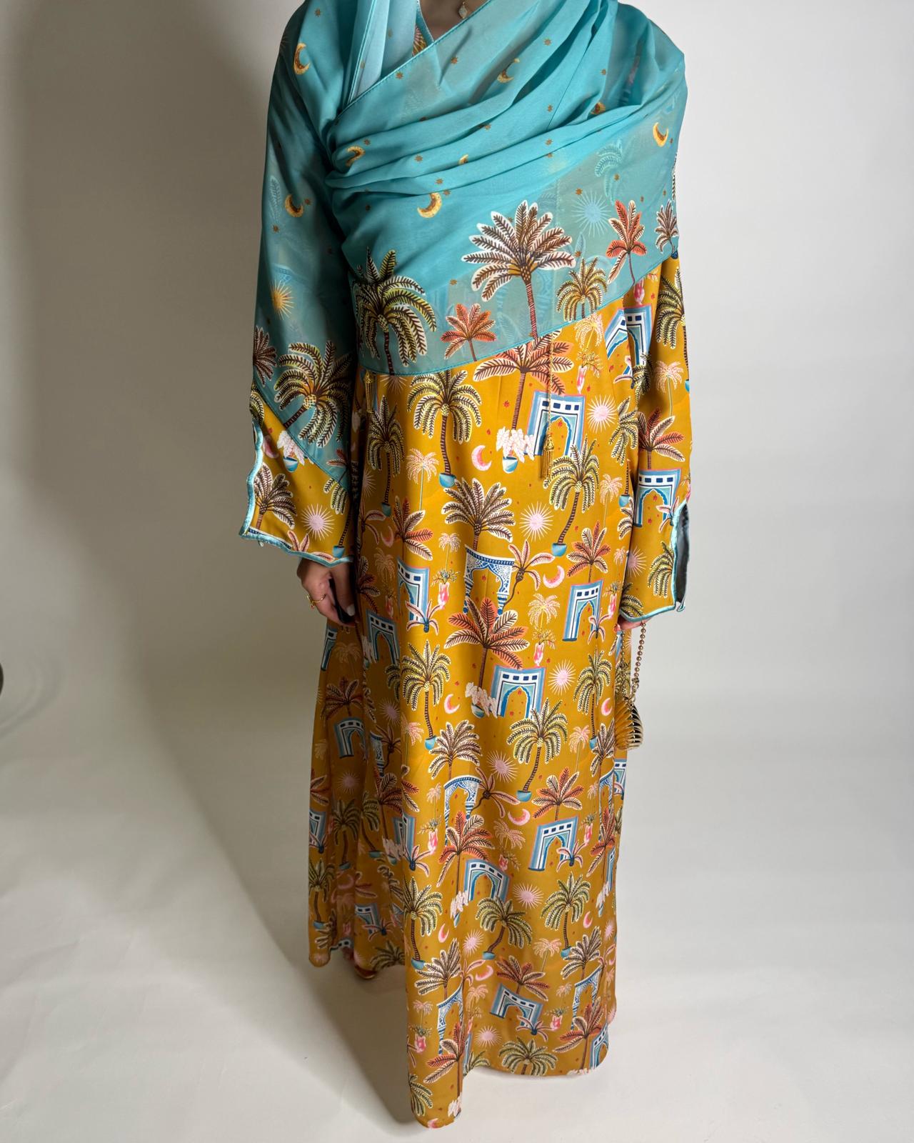 A522 - Yellow & Blue Moon & Palm Tree Pattern Jalabiya and Head Scarf