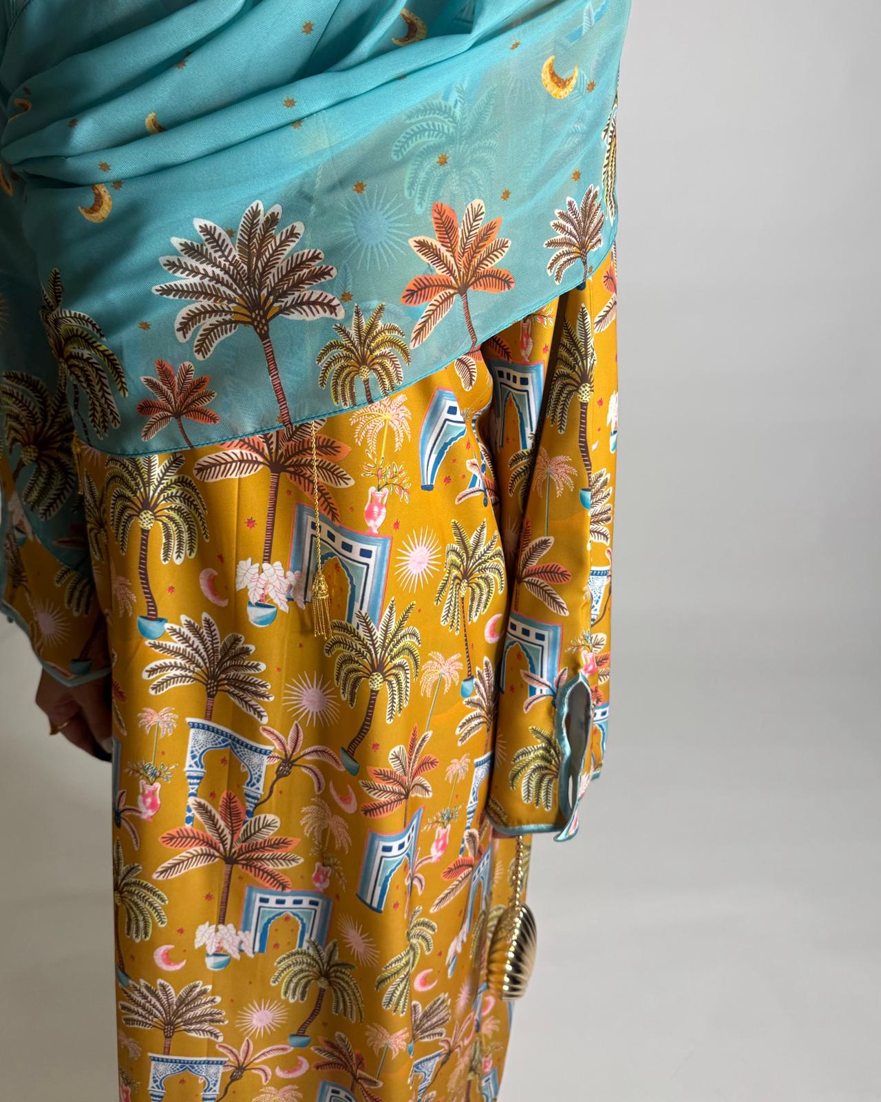 A522 - Yellow & Blue Moon & Palm Tree Pattern Jalabiya and Head Scarf