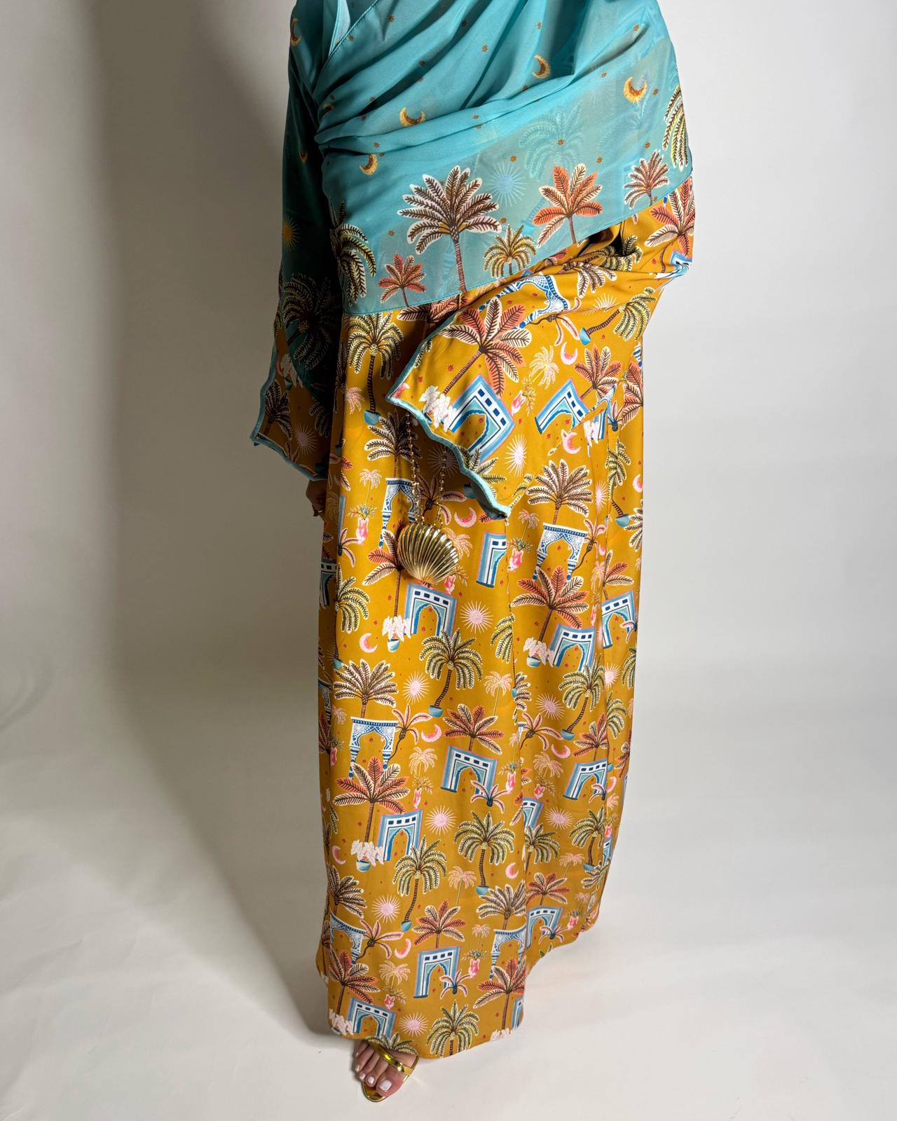 A522 - Yellow & Blue Moon & Palm Tree Pattern Jalabiya and Head Scarf