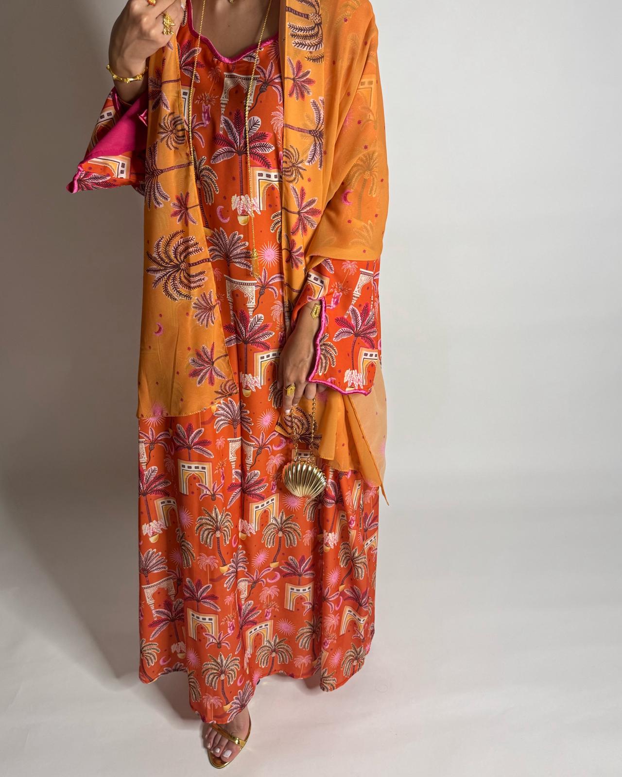 A519 -  Orange & Pink Moon & Palm Tree Pattern Jalabiya and Head Scarf
