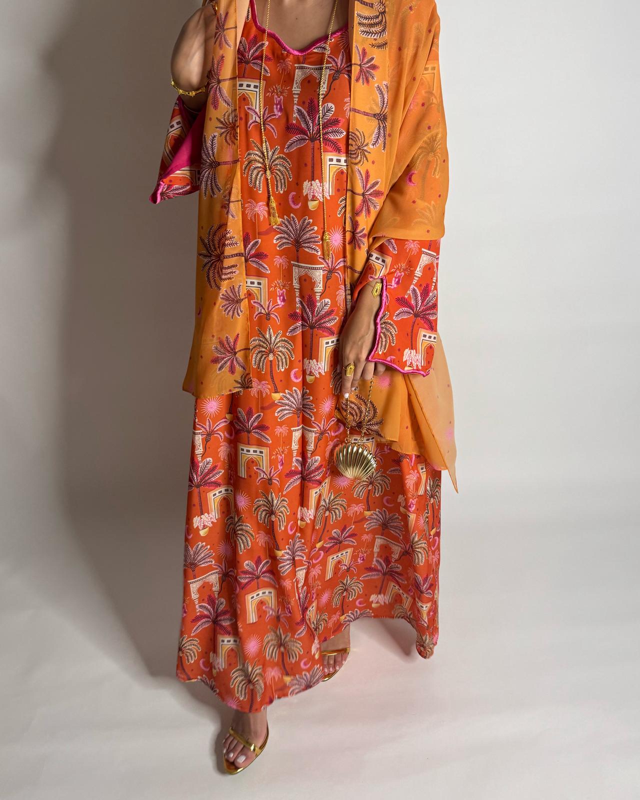 A519 -  Orange & Pink Moon & Palm Tree Pattern Jalabiya and Head Scarf